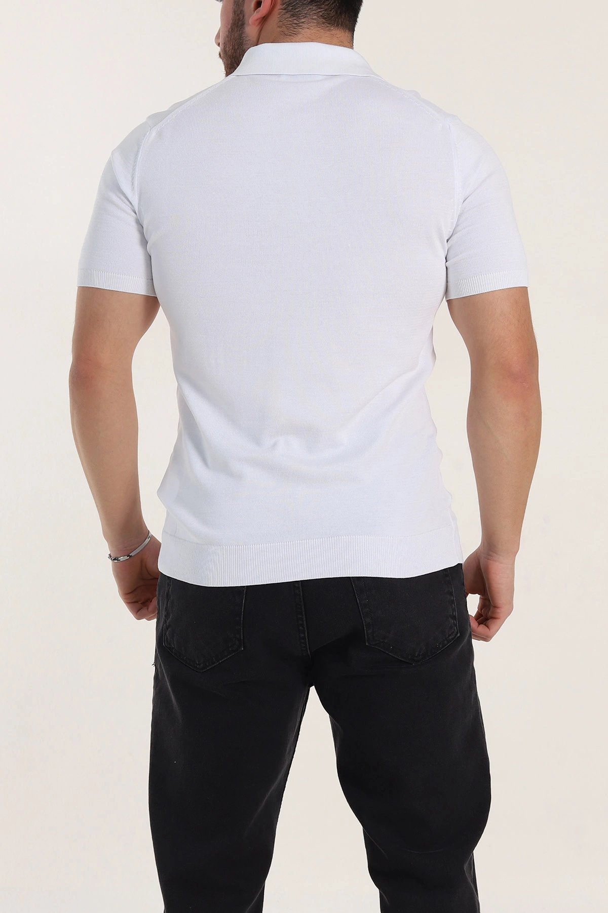 Beyaz Slim Fit Fermuarlı Polo Yaka Kısa Kollu Erkek Triko Tişört 338609