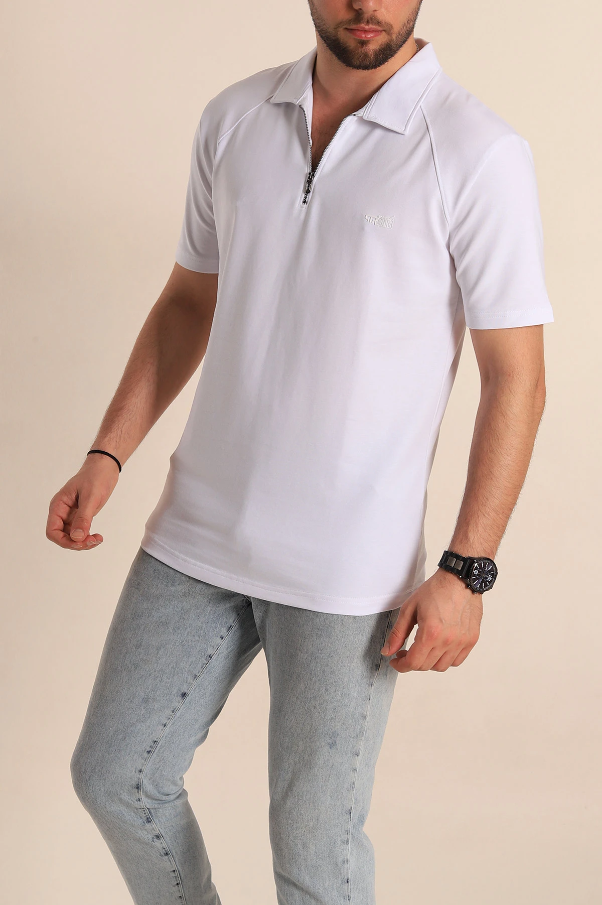 Beyaz Slim Fit İki İp Fermuarlı Polo Yaka Erkek Tişört 266883