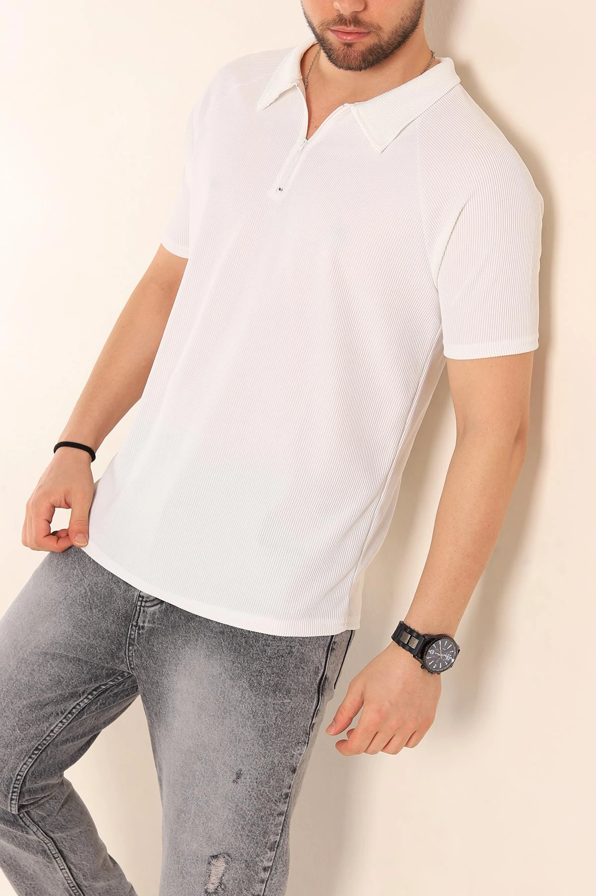 Beyaz Slim Fit Jakarlı Fermuarlı Polo Yaka Erkek Tişört 256031