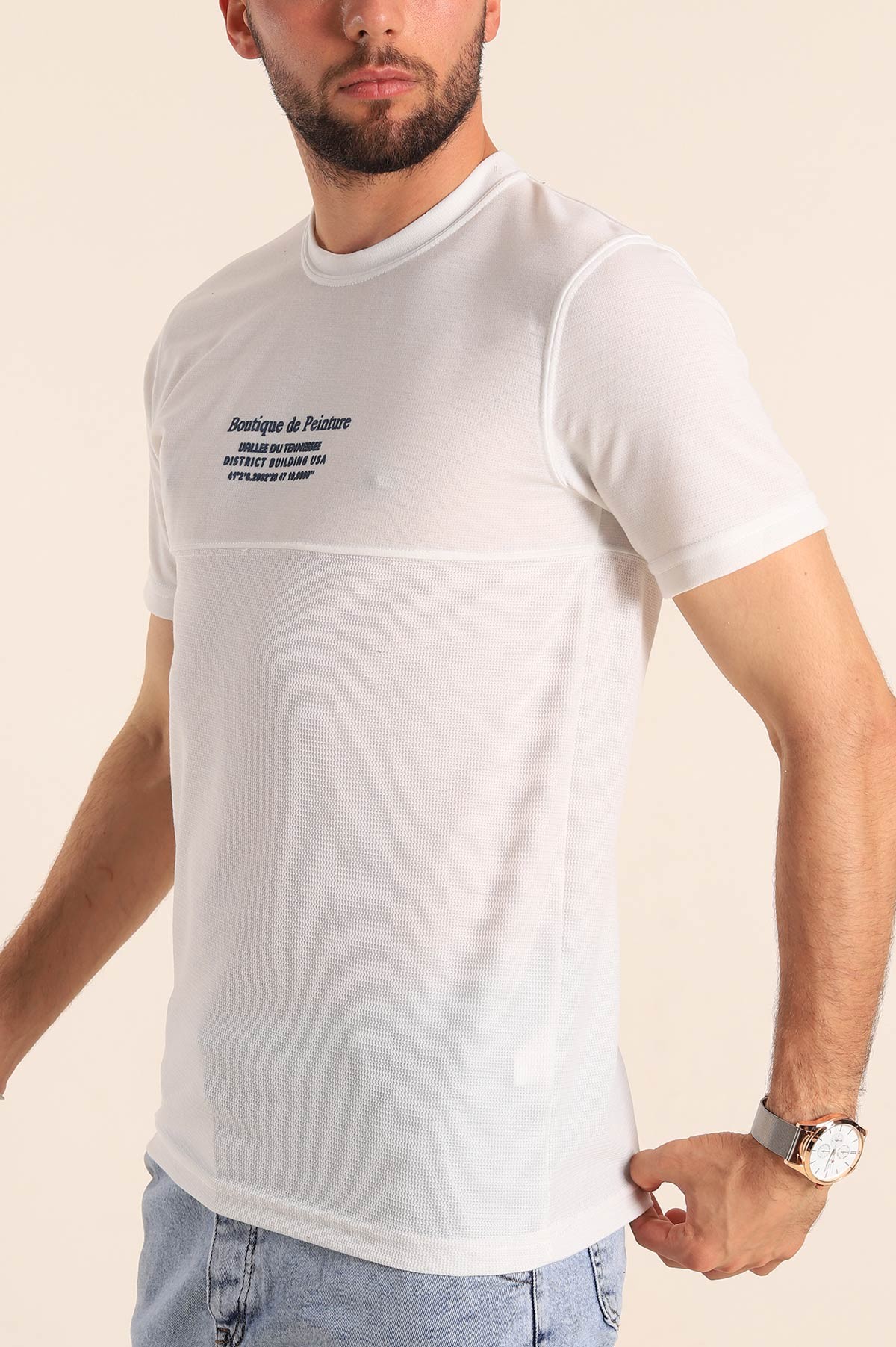 Beyaz Slim Fit Kabartma Baskılı Erkek Tişört 190044
