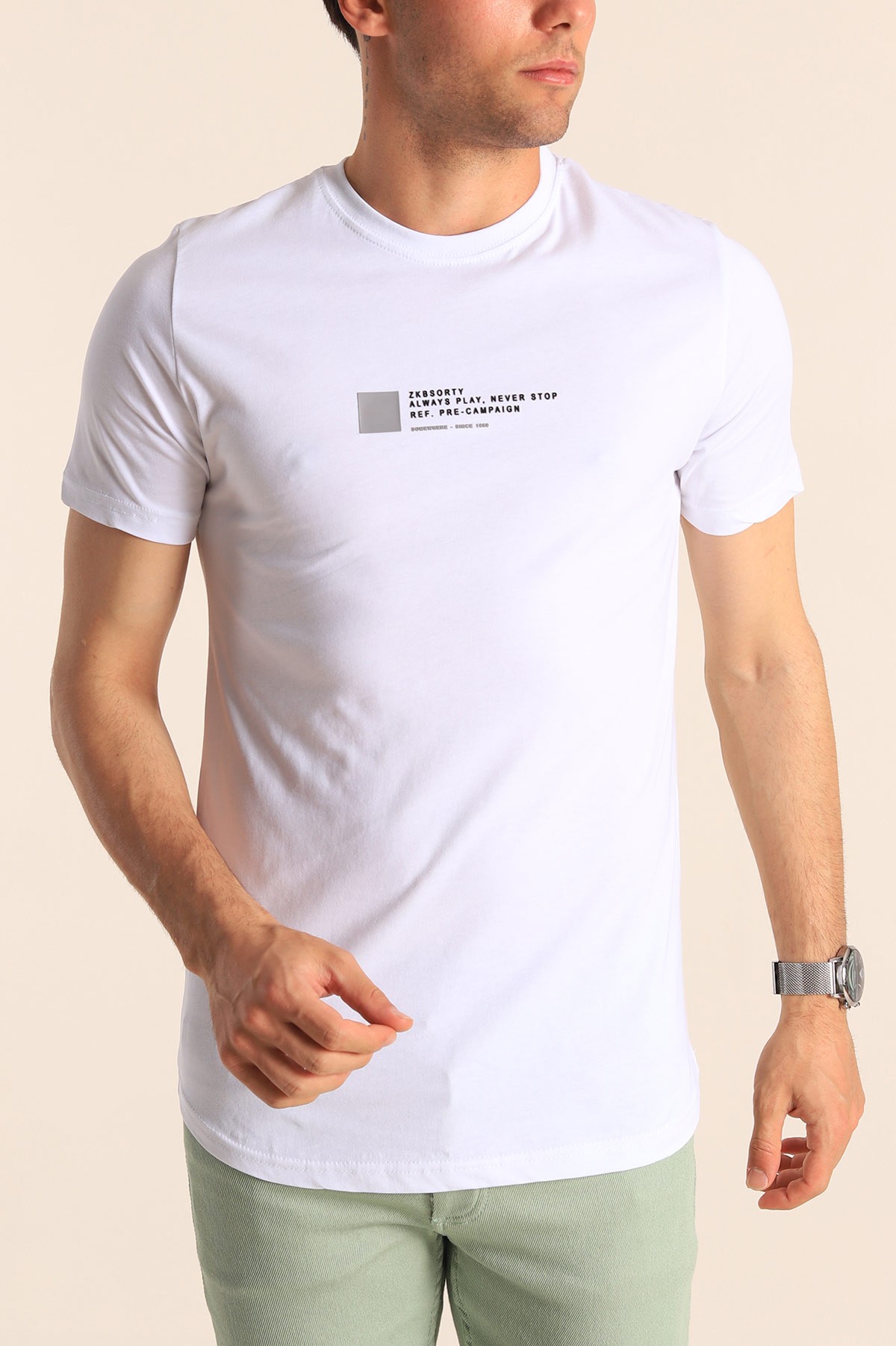 Beyaz Slim Fit Kabartma Yazı Detay Erkek Tişört 181958