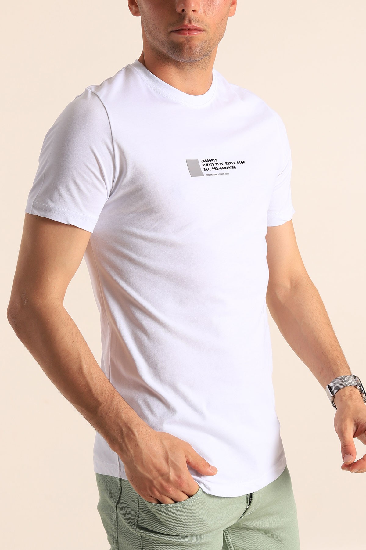Beyaz Slim Fit Kabartma Yazı Detay Erkek Tişört 181958