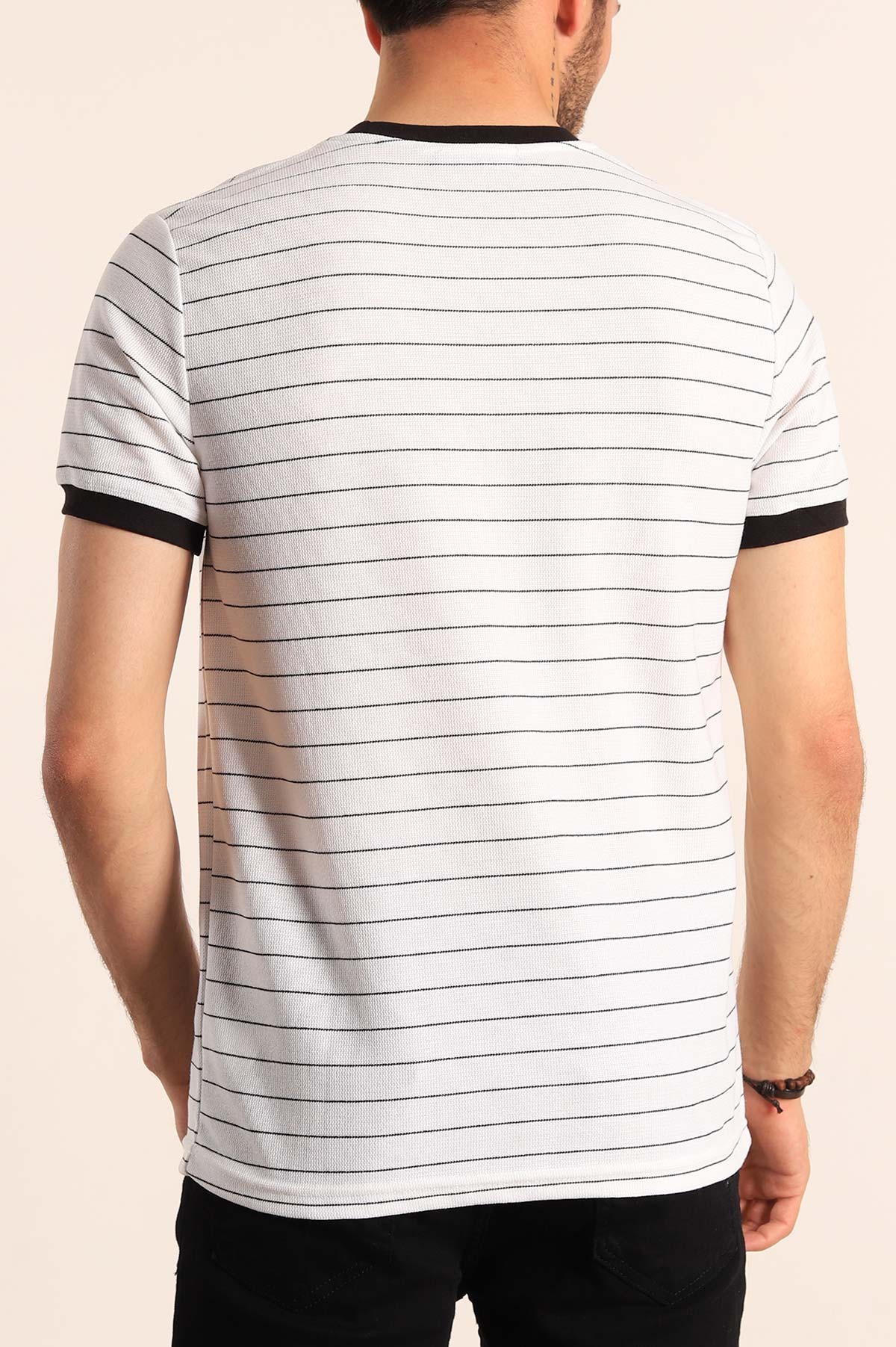 Beyaz Slim Fit Kabartma Yazılı Çizgili Erkek Tişört 186847