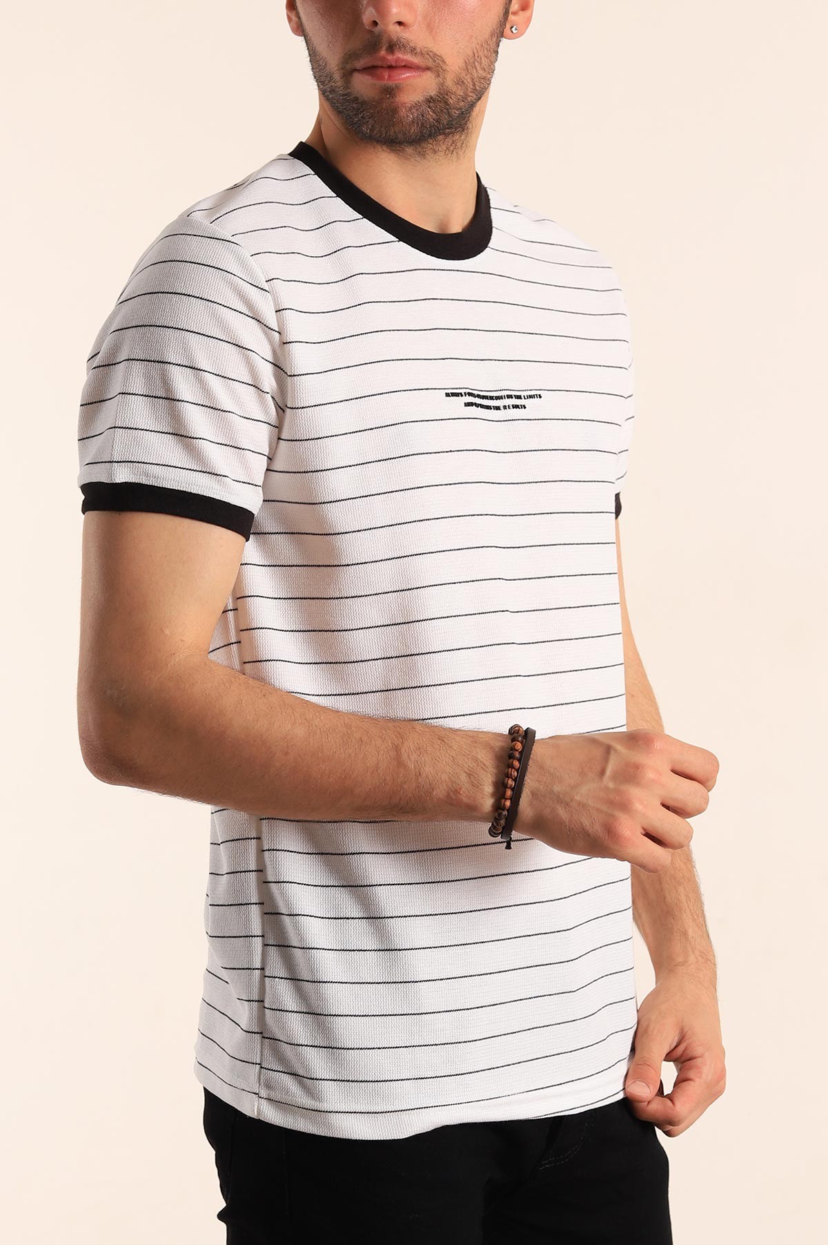 Beyaz Slim Fit Kabartma Yazılı Çizgili Erkek Tişört 186847
