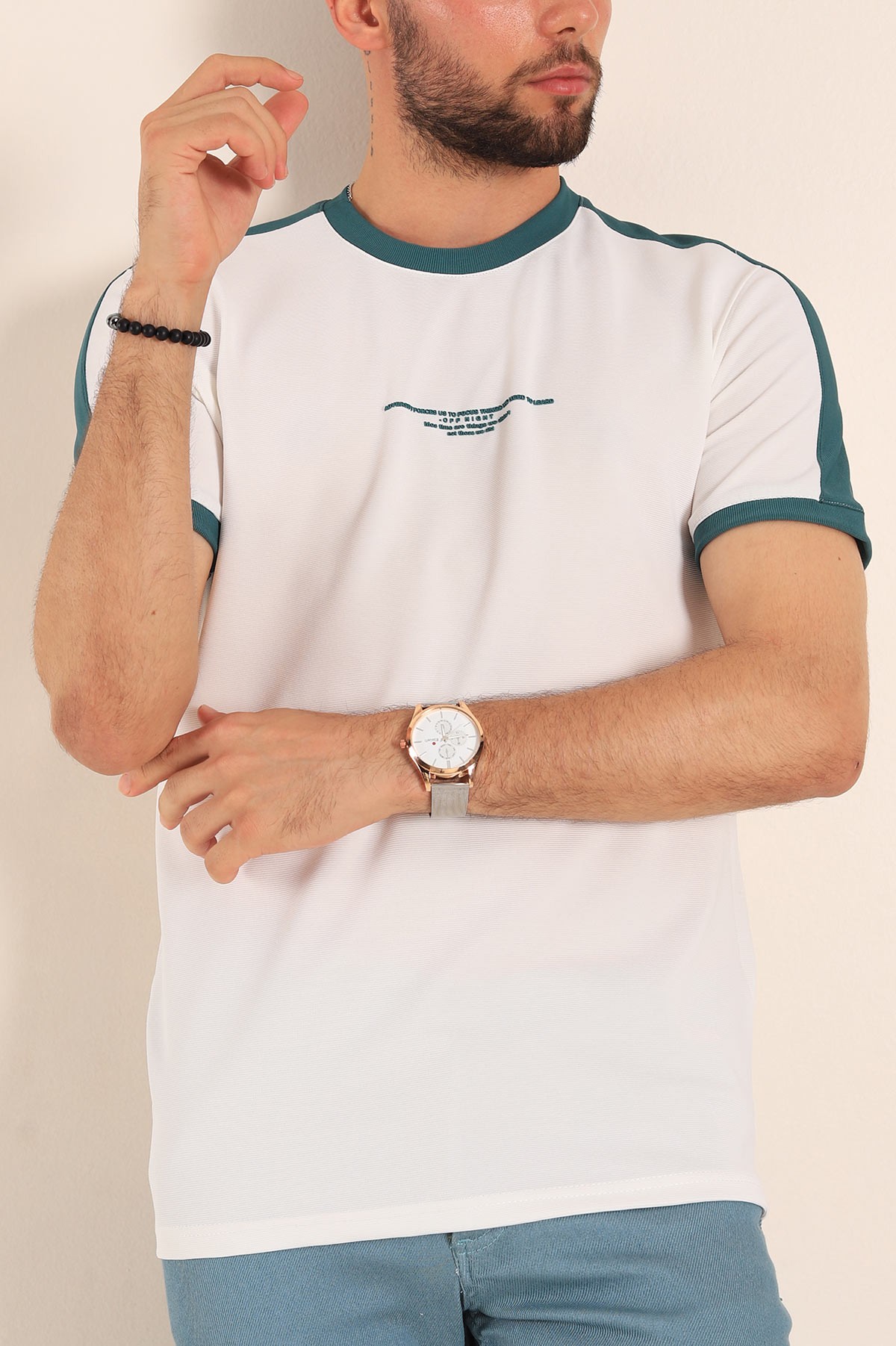 Beyaz Slim Fit Kabartma Yazılı Erkek Tişört 190221