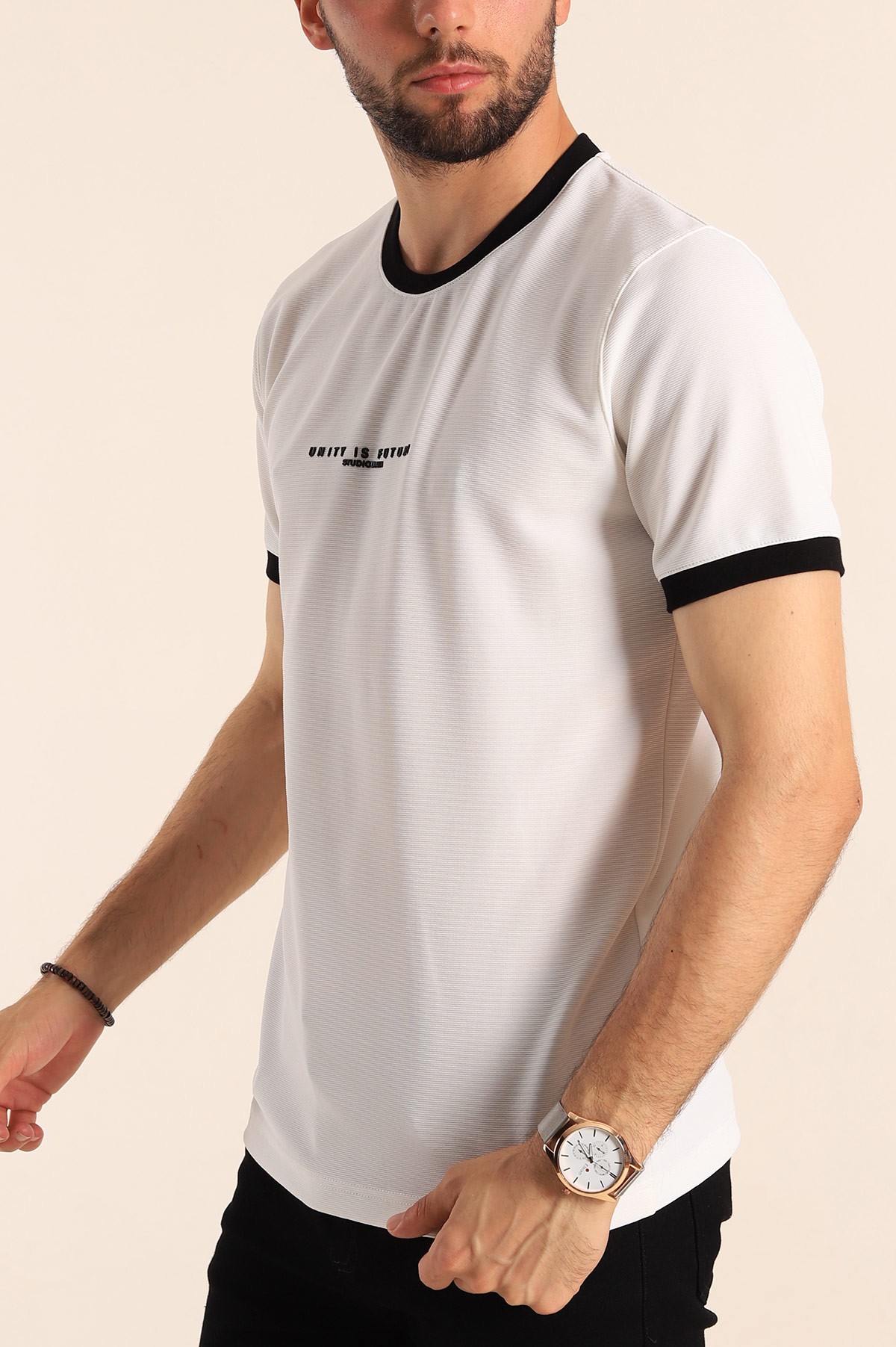 Beyaz Slim Fit Kabartma Yazılı Erkek Tişört 190454