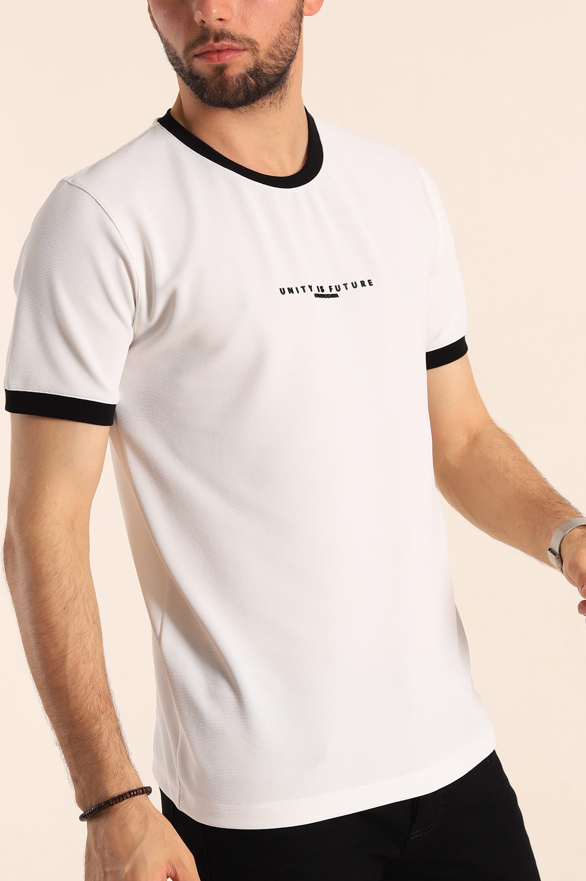 Beyaz Slim Fit Kabartma Yazılı Erkek Tişört 190454