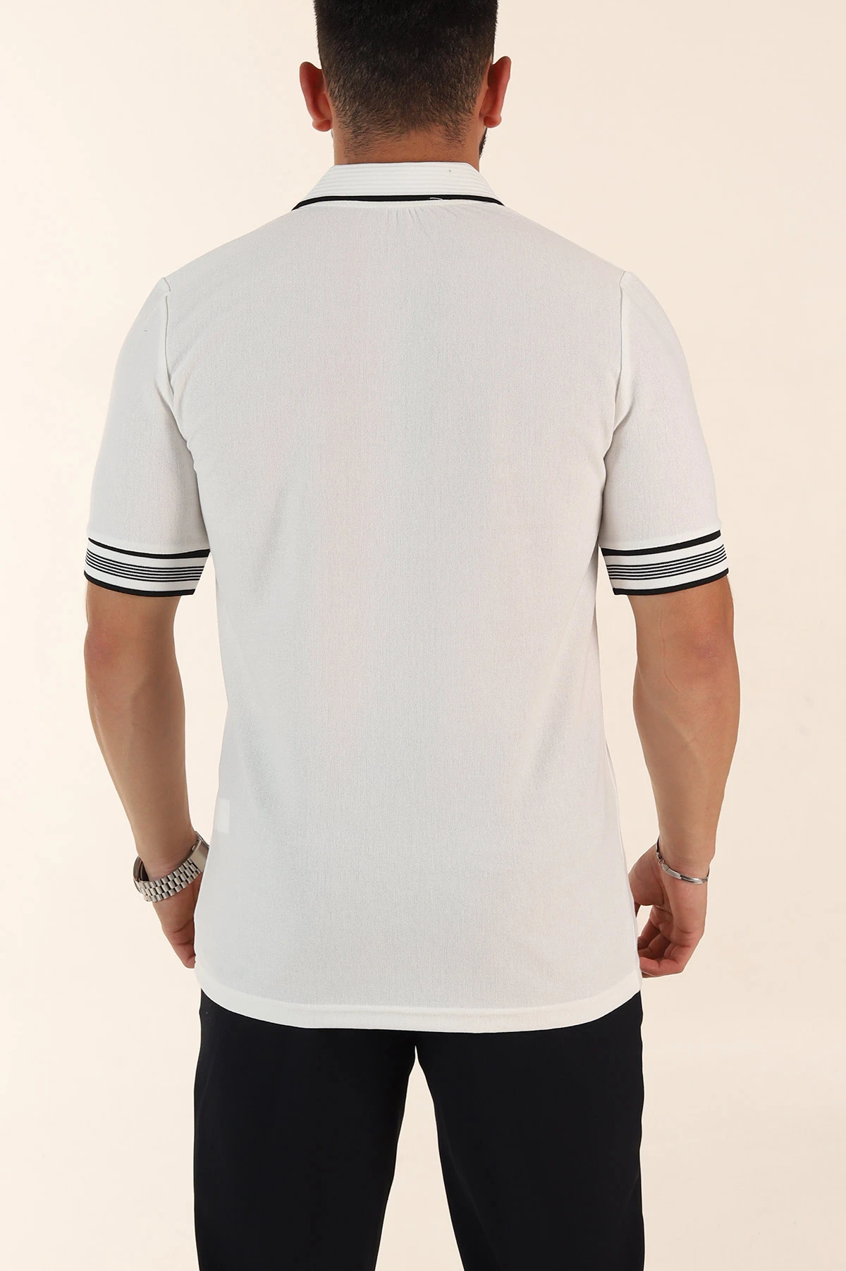 Beyaz Slim Fit Kol Detaylı Fermuarlı Polo Yaka Erkek Triko Tişört 369514