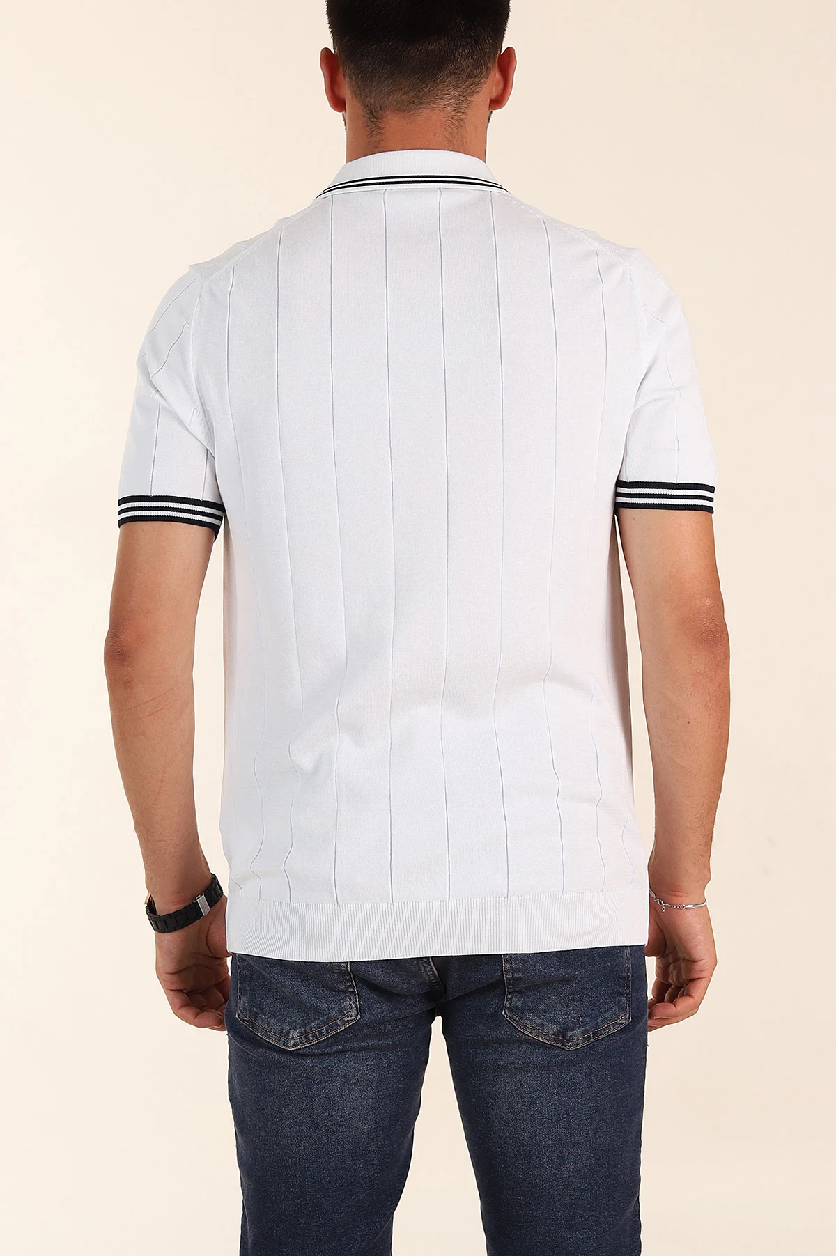 Beyaz Slim Fit Likralı Fermuarlı Polo Yaka Kısa Kollu Triko Tişört 338557