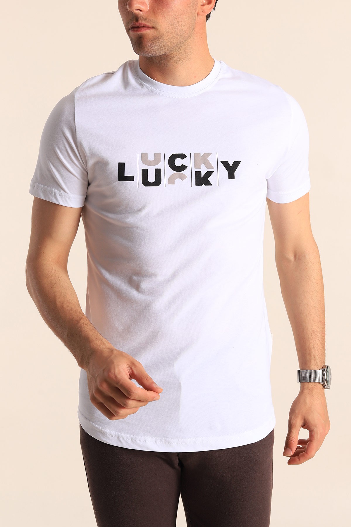 Beyaz Slim Fit Lucky Baskılı Erkek Tişört 181962