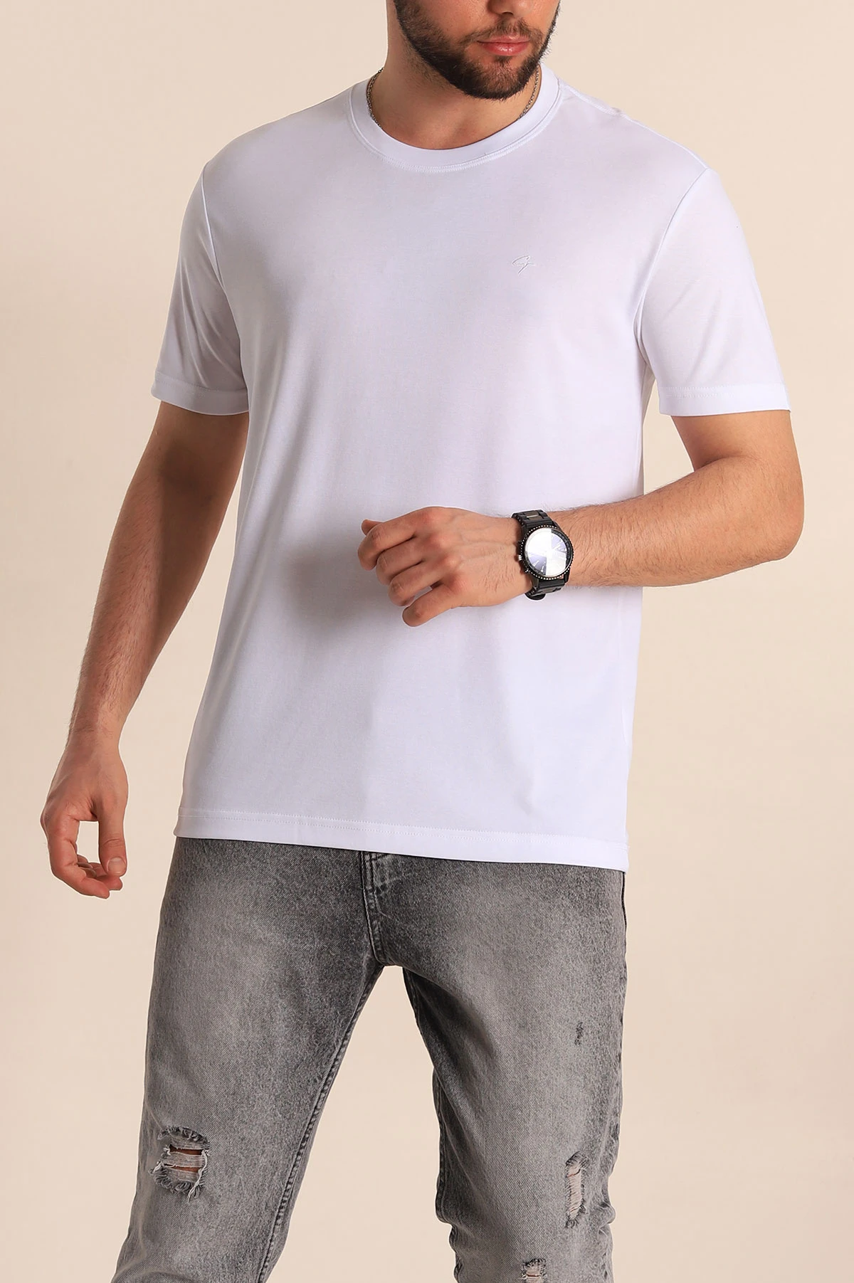 Beyaz Slim Fit Nakış Logo Detay Erkek Tişört 264844