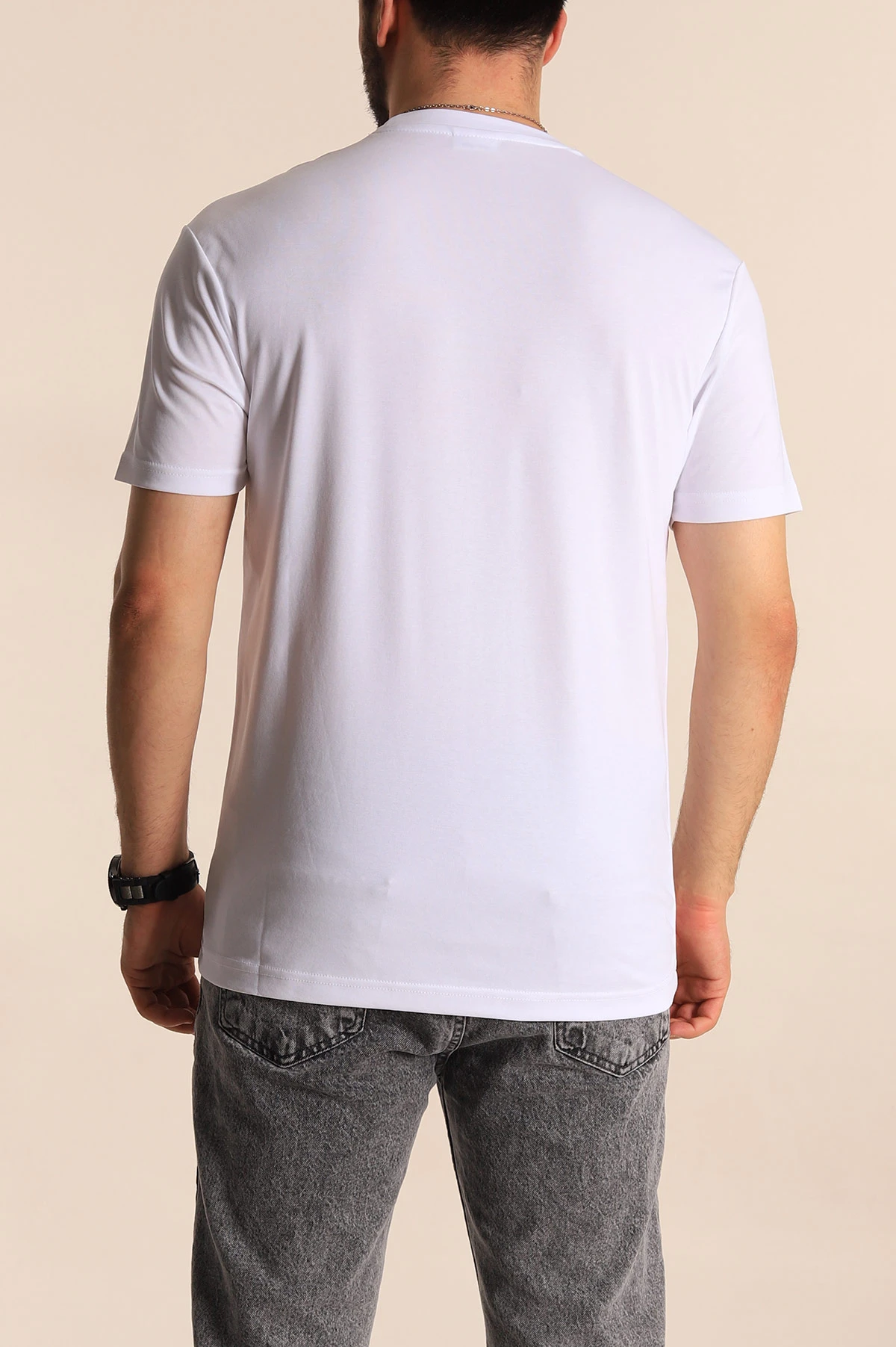 Beyaz Slim Fit Nakış Logo Detay Erkek Tişört 264844
