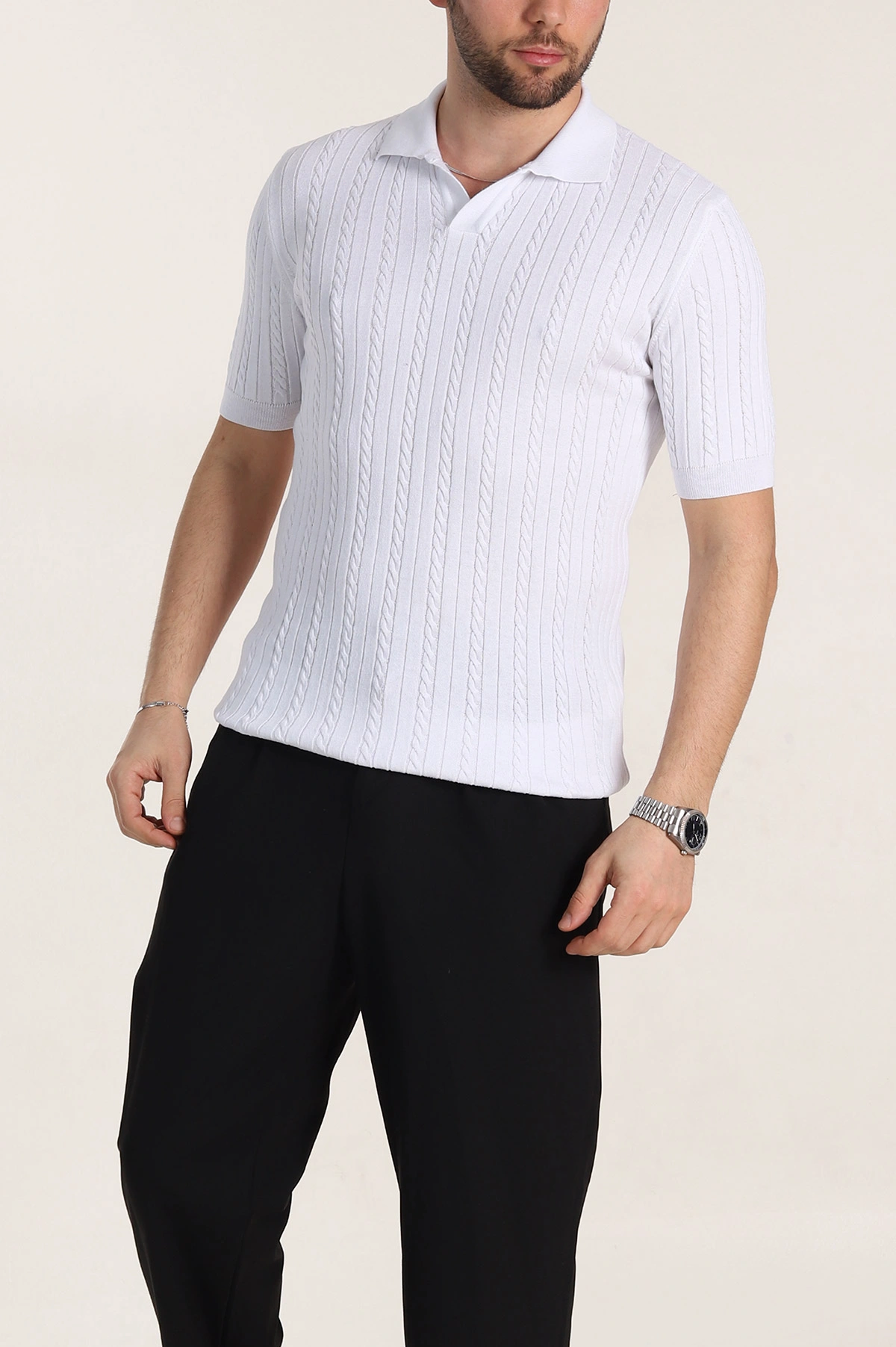 Beyaz Slim Fit Örgü Desenli Polo Yaka Kısa Kollu Erkek Triko Tişört 342770