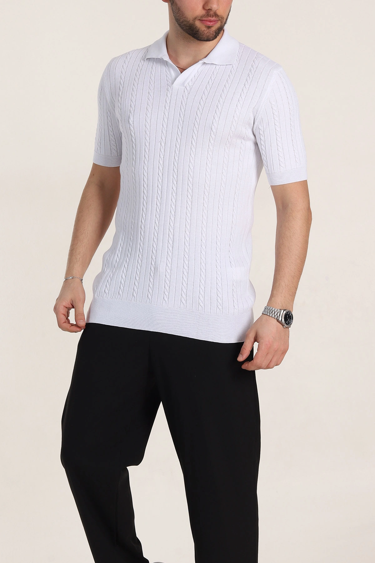 Beyaz Slim Fit Örgü Desenli Polo Yaka Kısa Kollu Erkek Triko Tişört 342770