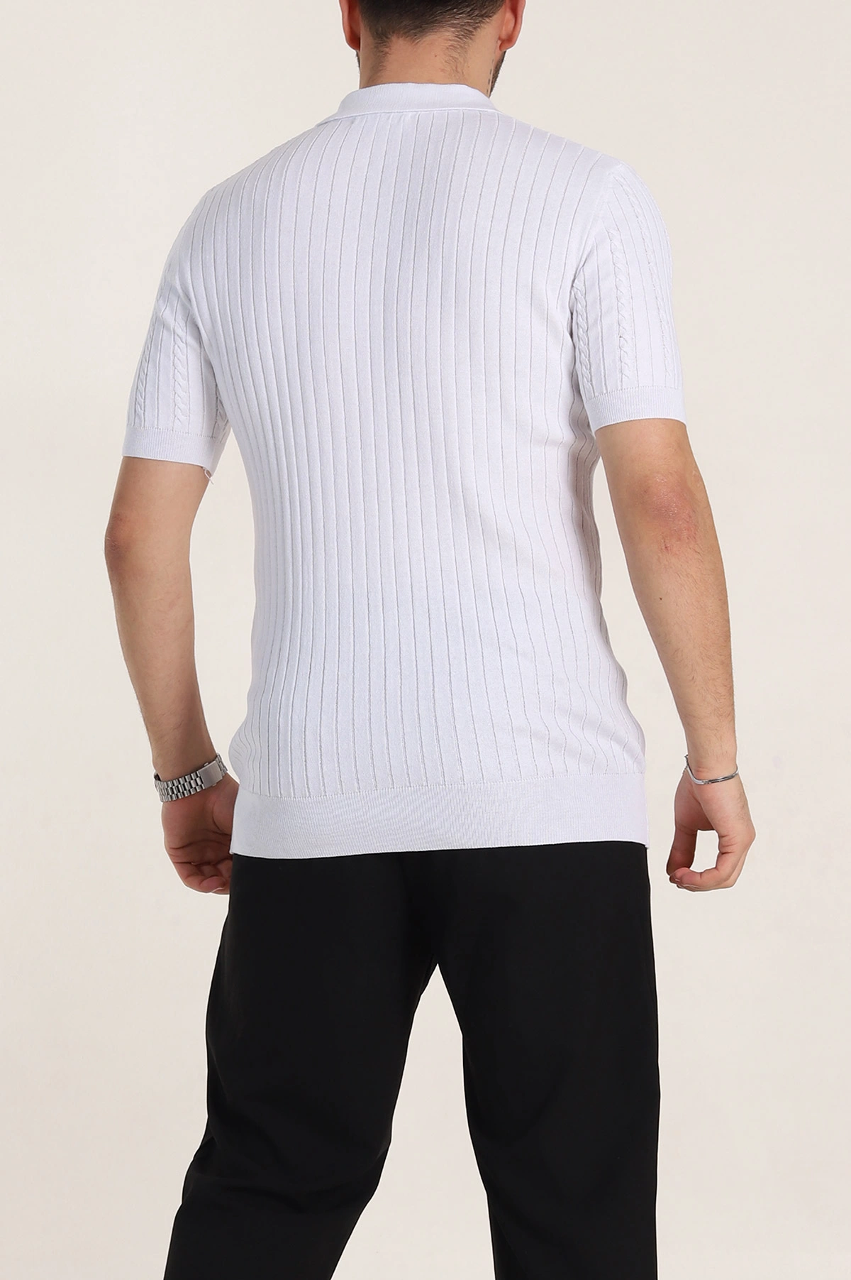 Beyaz Slim Fit Örgü Desenli Polo Yaka Kısa Kollu Erkek Triko Tişört 342770