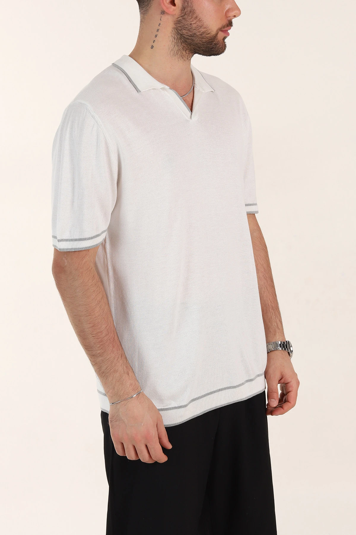 Beyaz Slim Fit Patlı Polo Yaka Erkek Triko Tişört 358354