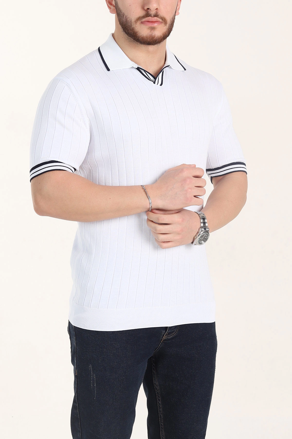 Beyaz Slim Fit Patlı Polo Yaka Kısa Kollu Erkek Triko Tişört 338585