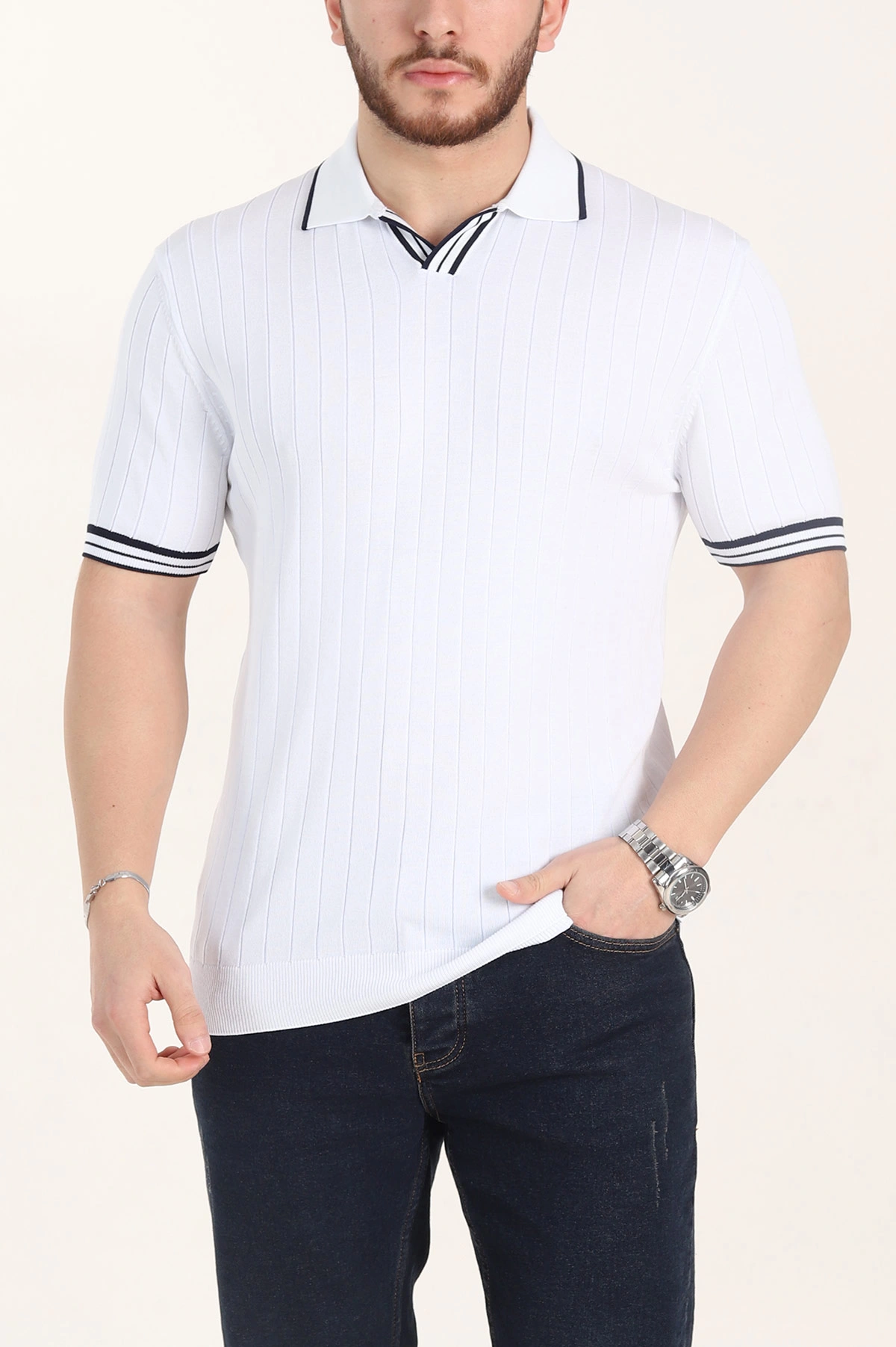 Beyaz Slim Fit Patlı Polo Yaka Kısa Kollu Erkek Triko Tişört 338585