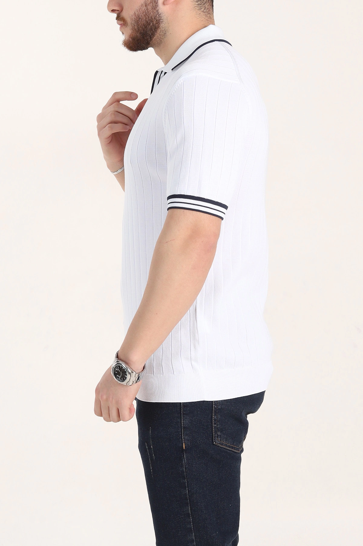 Beyaz Slim Fit Patlı Polo Yaka Kısa Kollu Erkek Triko Tişört 338585