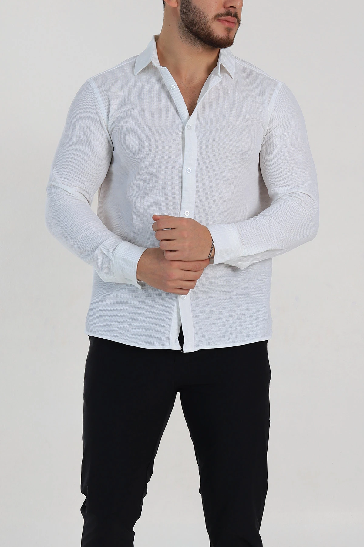 Beyaz Slim Fit Petek Dokulu Uzun Kollu Erkek Gömlek 325217
