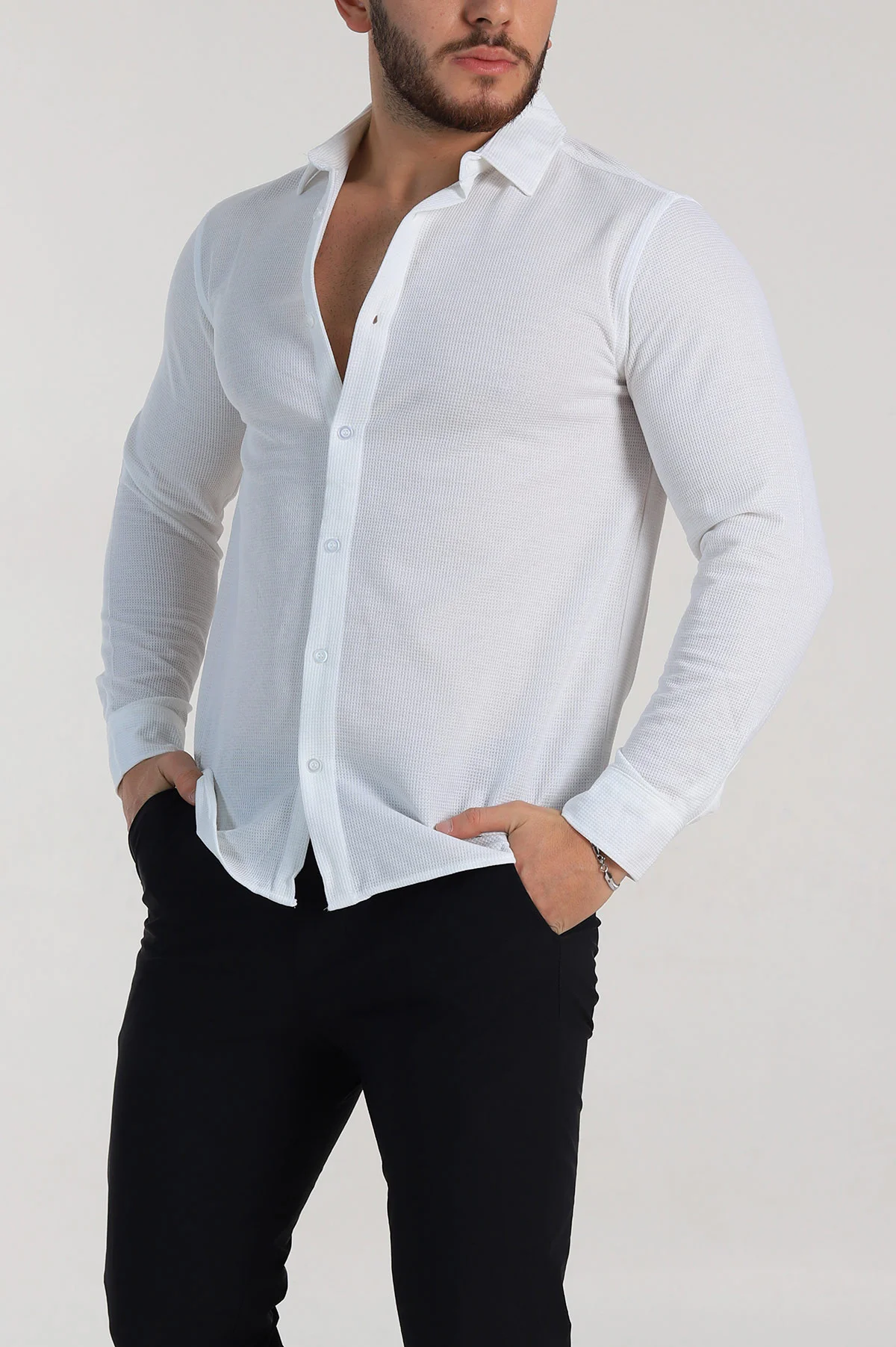 Beyaz Slim Fit Petek Dokulu Uzun Kollu Erkek Gömlek 325217