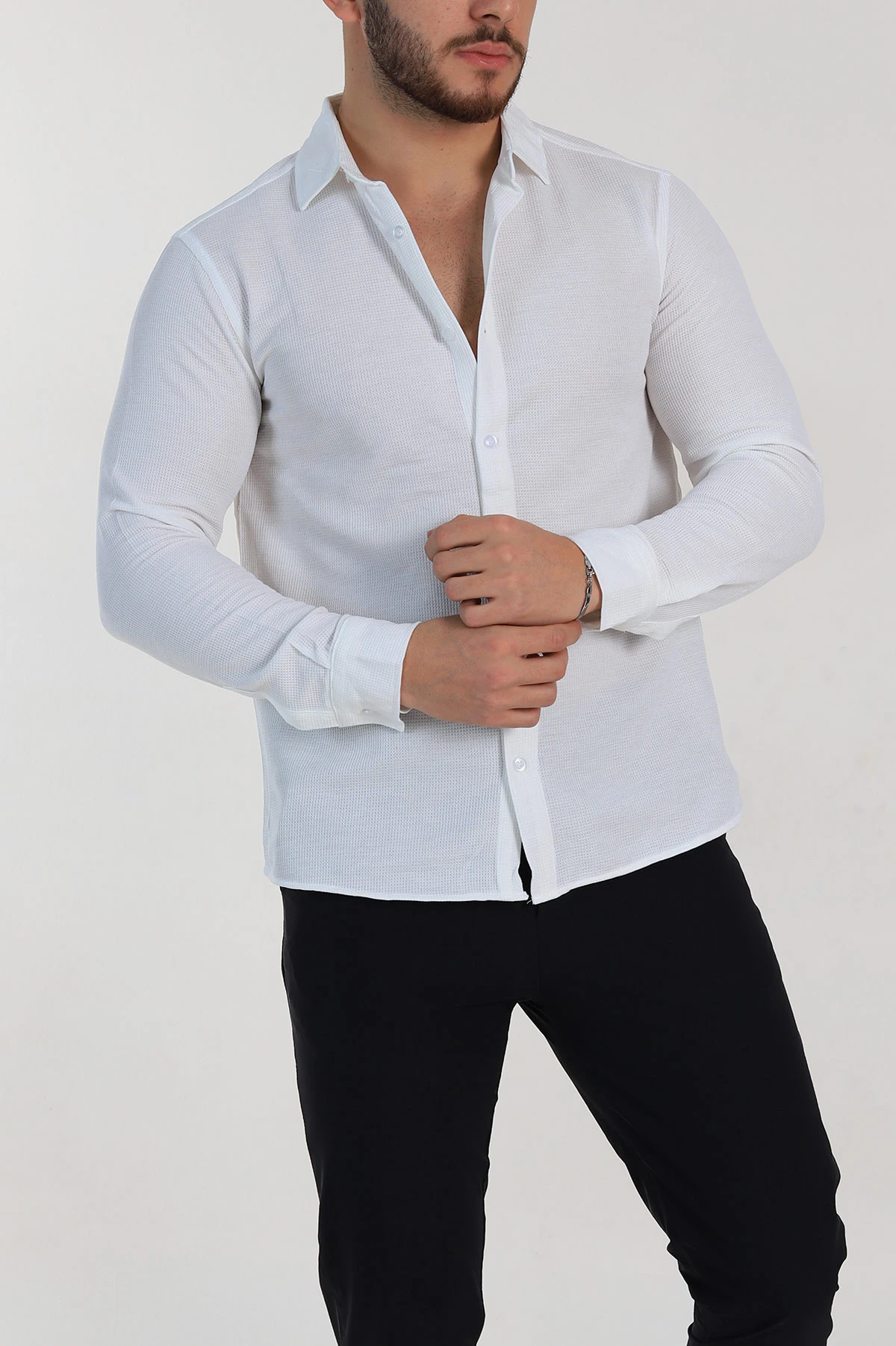 Beyaz Slim Fit Petek Dokulu Uzun Kollu Erkek Gömlek 325217