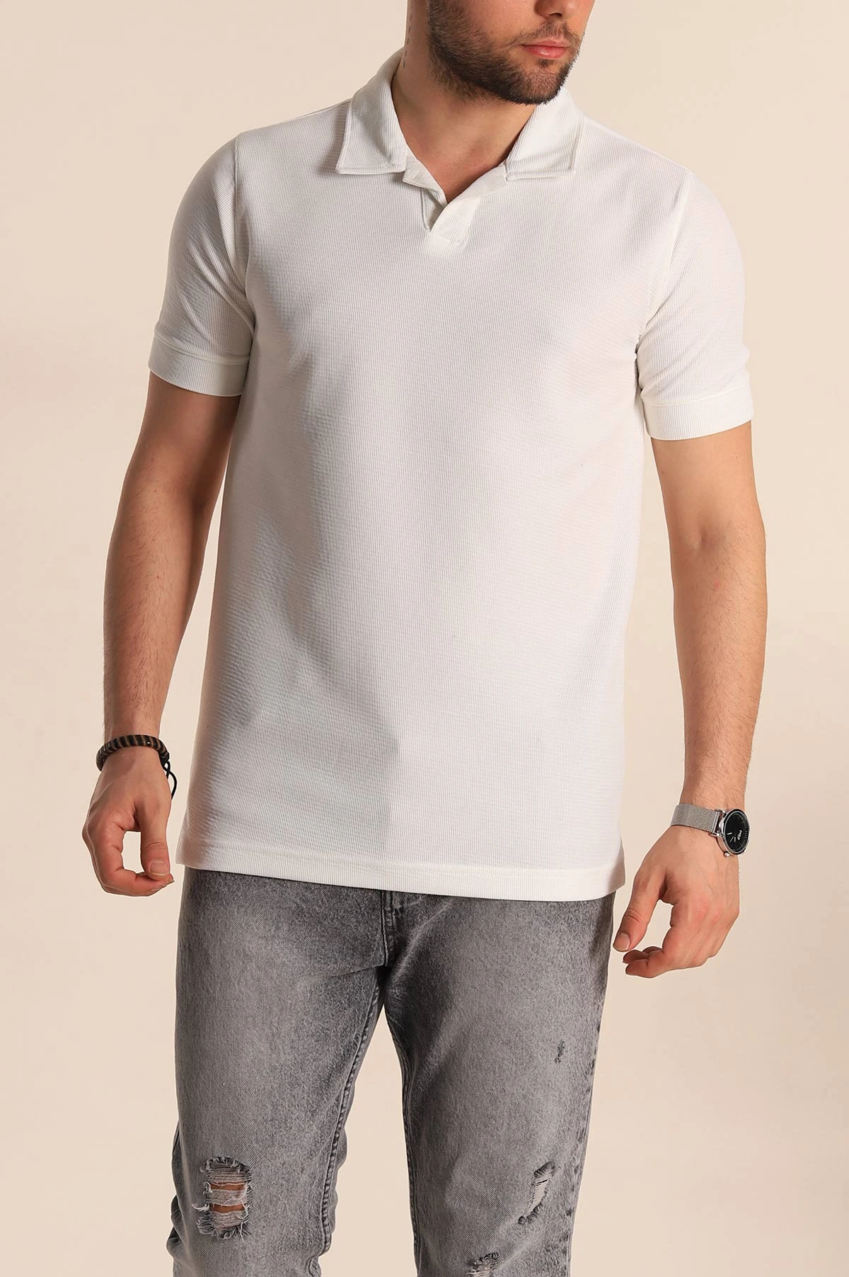 Beyaz Slim Fit Polo Yaka Erkek Tişört 262907