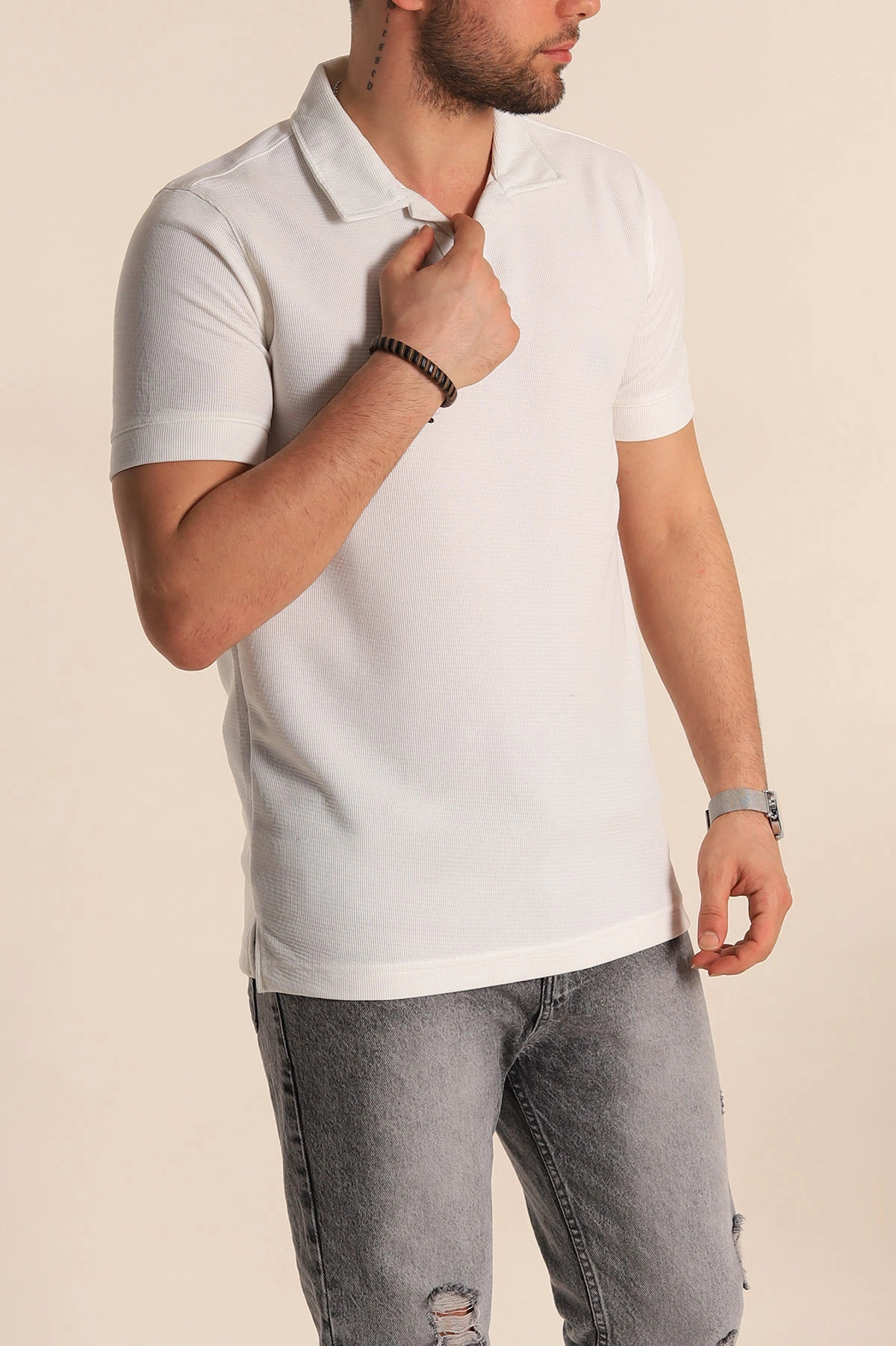 Beyaz Slim Fit Polo Yaka Erkek Tişört 262907