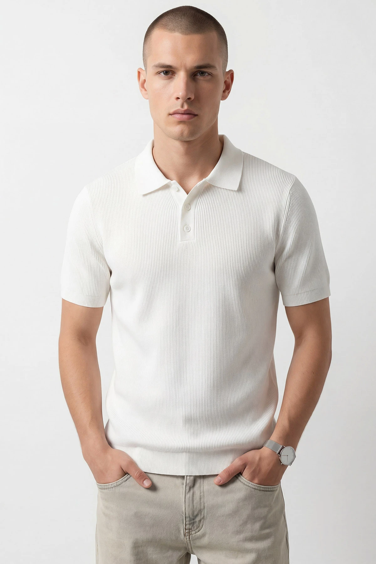 Beyaz Slim Fit Polo Yaka Triko Erkek Tişört 449053