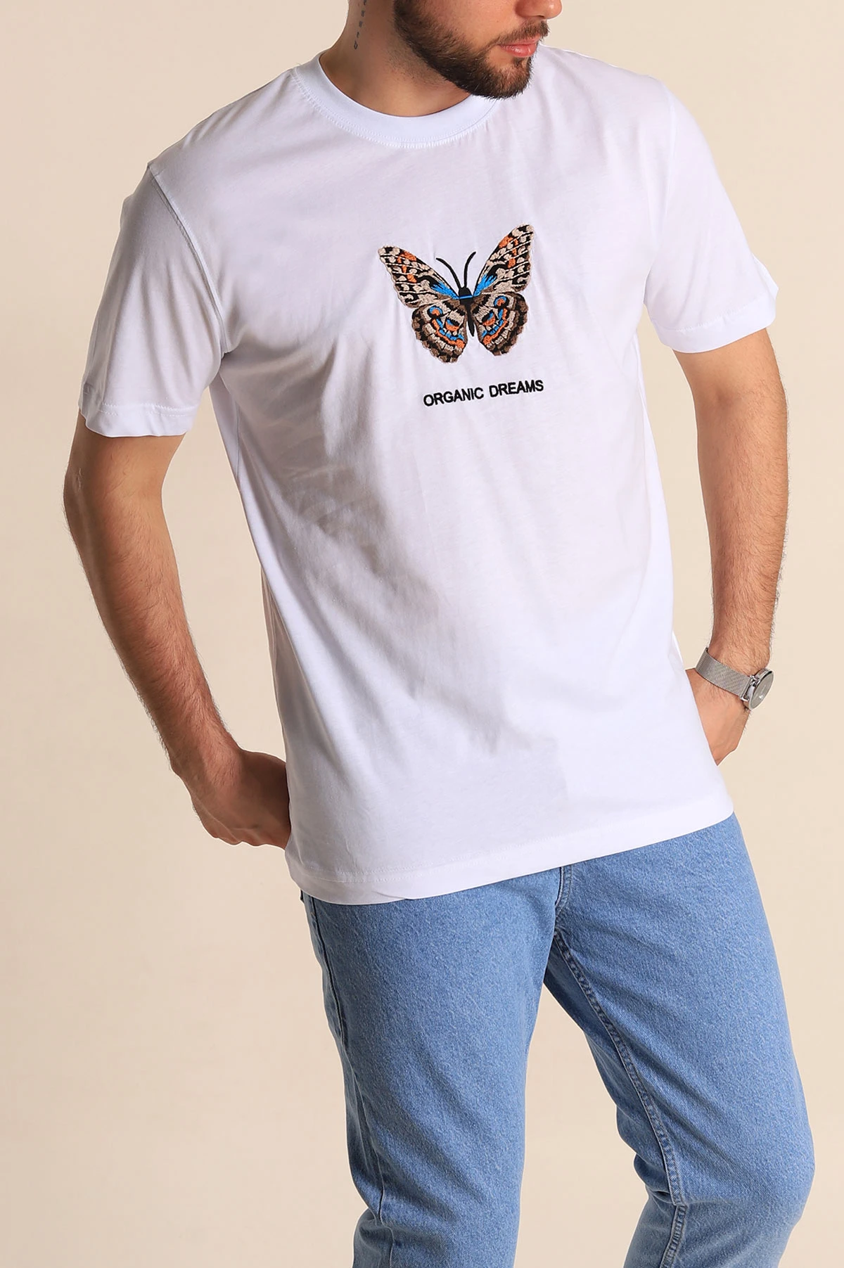 Beyaz Slim Fit Suprem Kumaş Kelebek Nakışlı Erkek Tişört 275980
