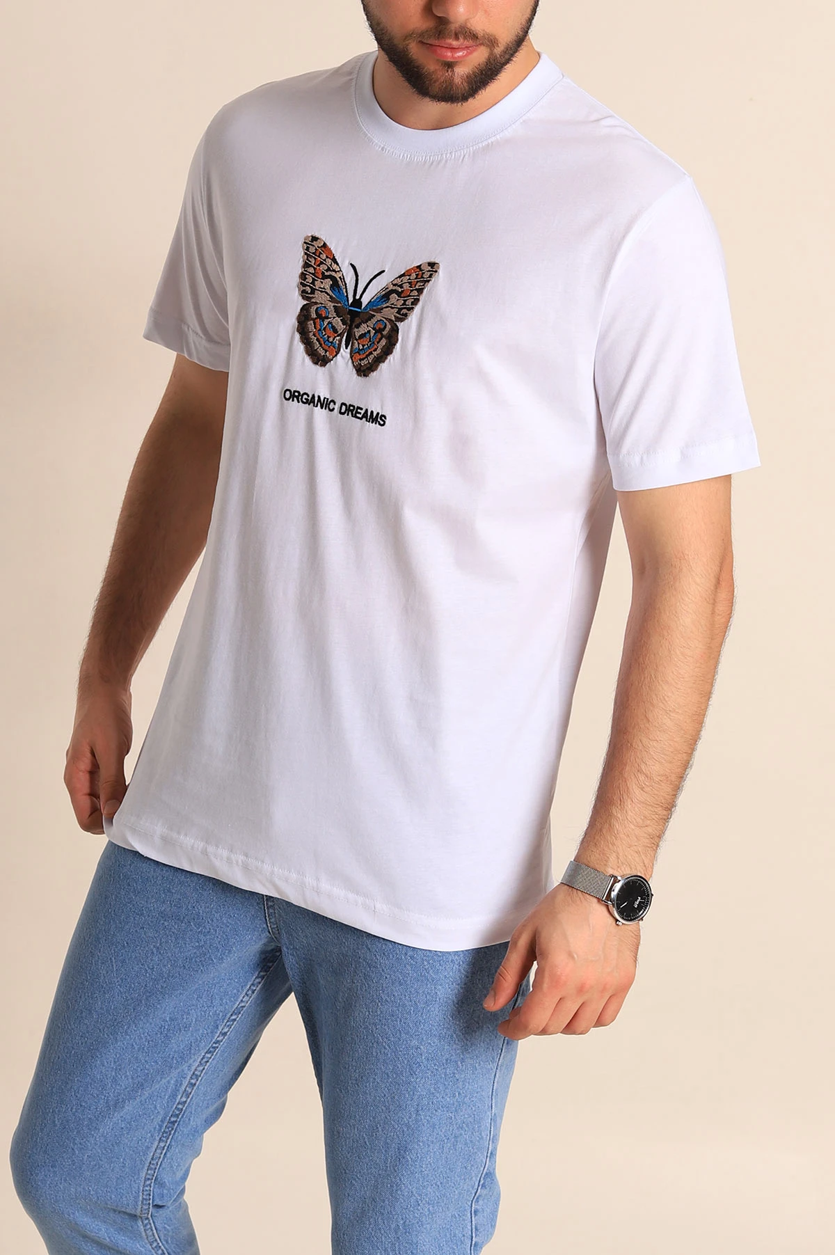 Beyaz Slim Fit Suprem Kumaş Kelebek Nakışlı Erkek Tişört 275980