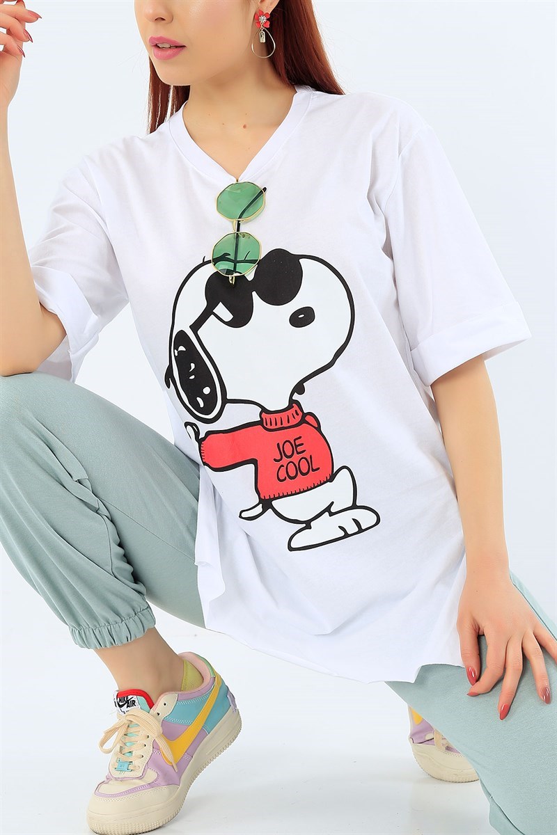 Beyaz Snoopy Baskılı Bayan Tişört 32318