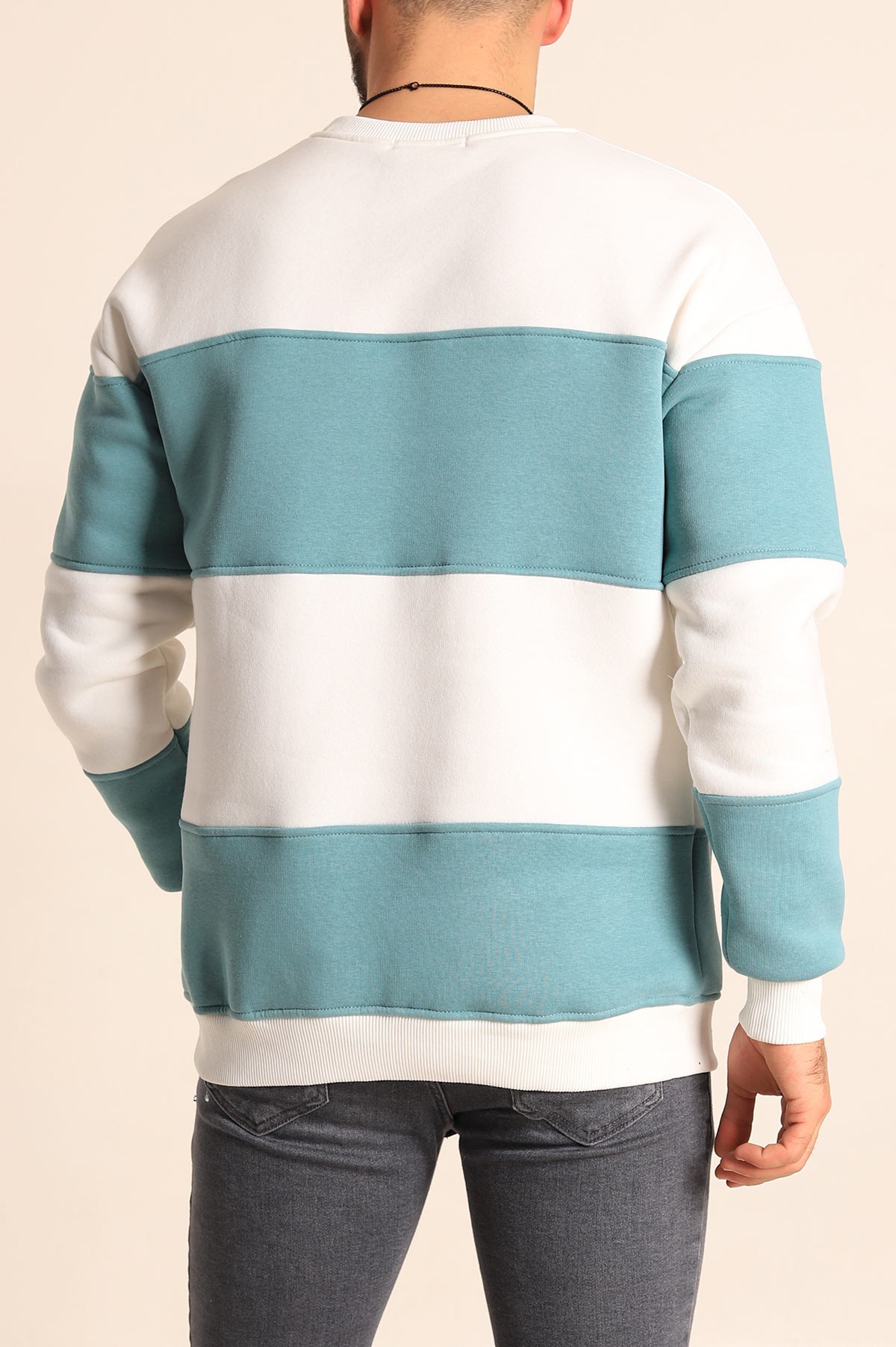 Beyaz Su Yeşili Oversize Üç İp Şardonlu Kabartma Yazılı Erkek Sweatshirt 225872