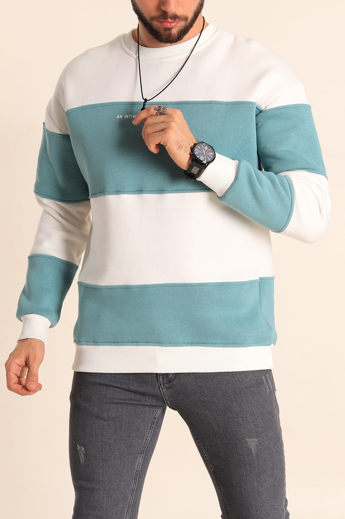 Beyaz Su Yeşili Oversize Üç İp Şardonlu Kabartma Yazılı Erkek Sweatshirt 225872