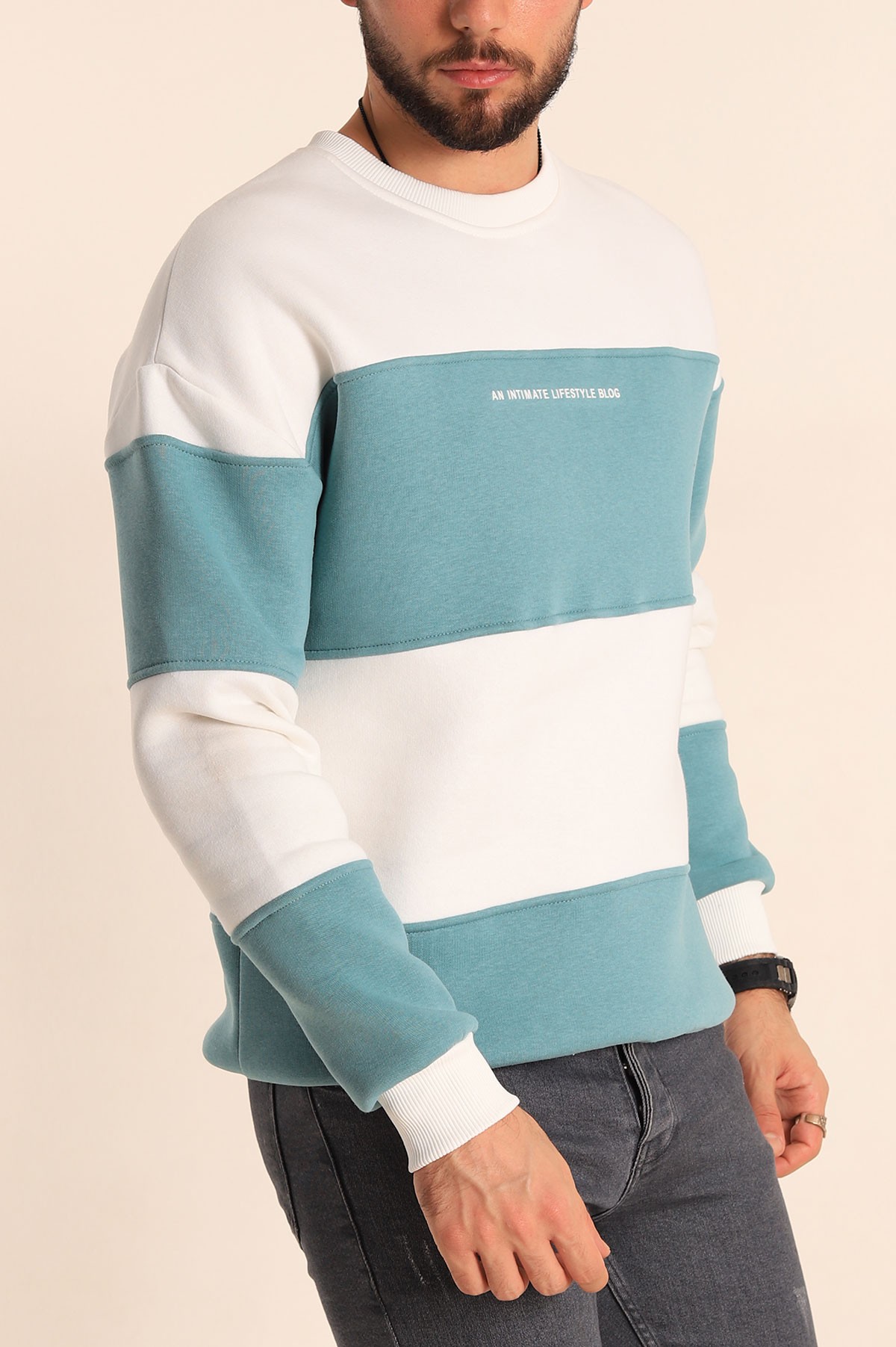 Beyaz Su Yeşili Oversize Üç İp Şardonlu Kabartma Yazılı Erkek Sweatshirt 225872