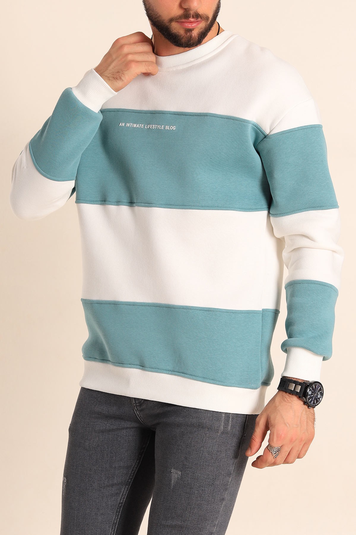 Beyaz Su Yeşili Oversize Üç İp Şardonlu Kabartma Yazılı Erkek Sweatshirt 225872
