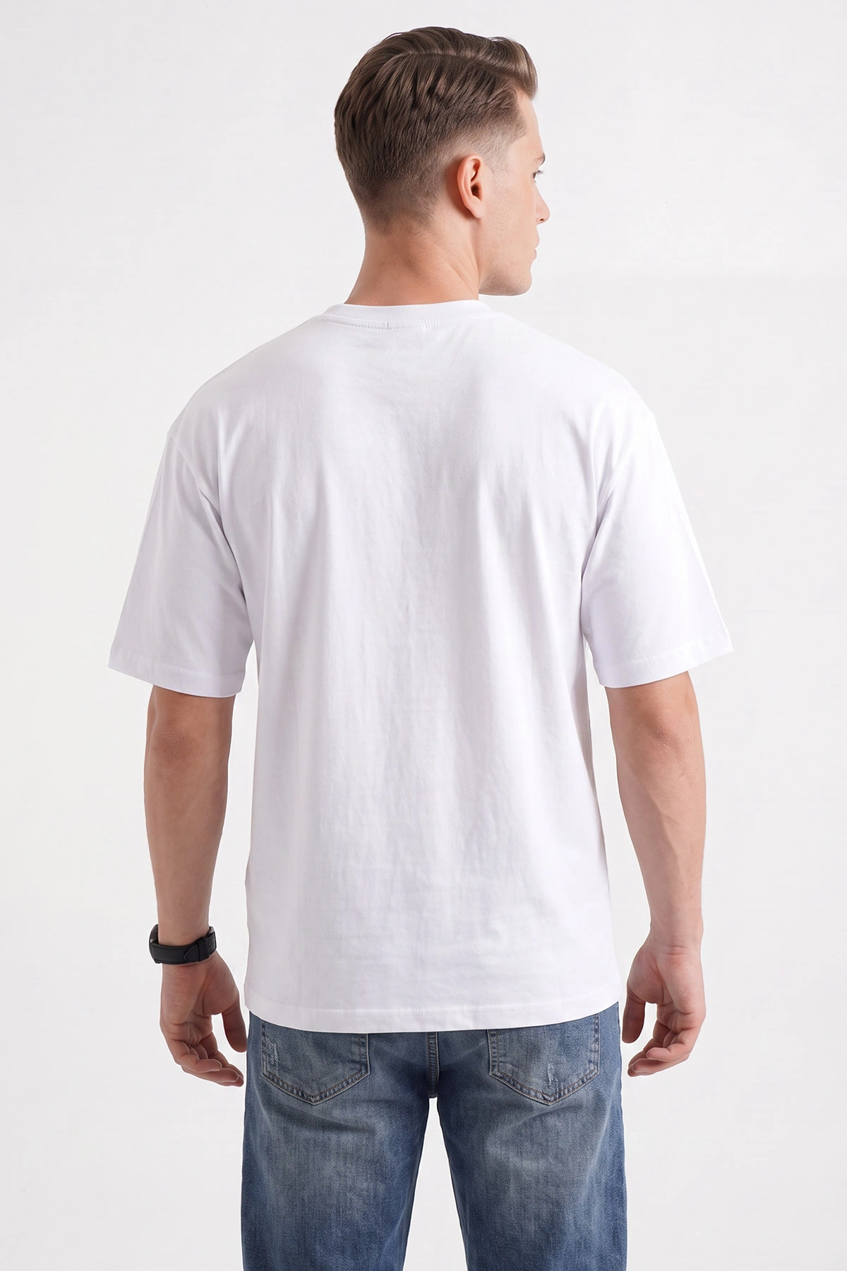 Beyaz Süprem Kumaş Oversize Sıfır Yaka Erkek Tişört 487713