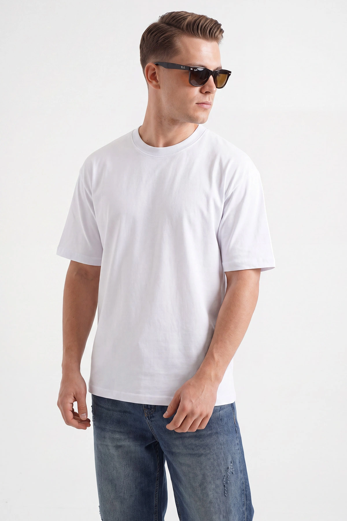 Beyaz Süprem Kumaş Oversize Sıfır Yaka Erkek Tişört 487713