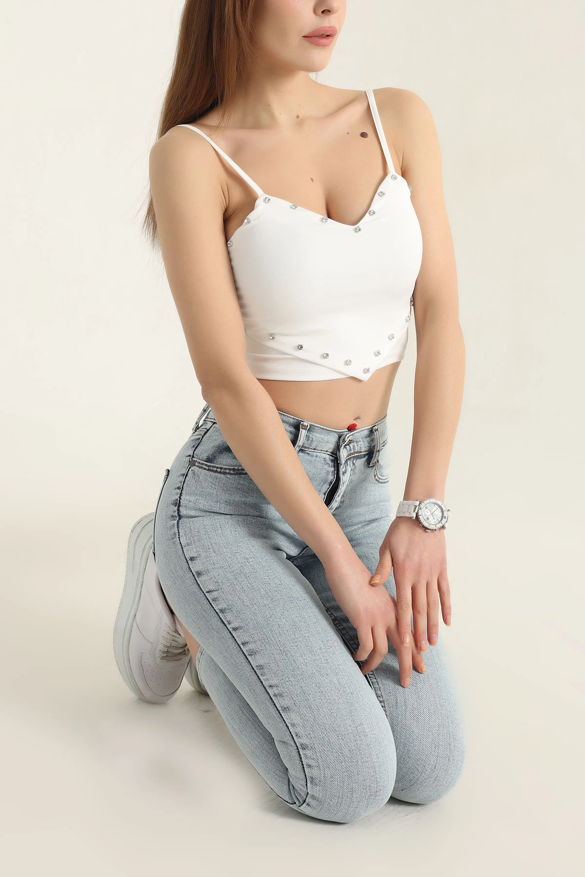 Beyaz Taş Detay Scuba Crop Bluz 337367