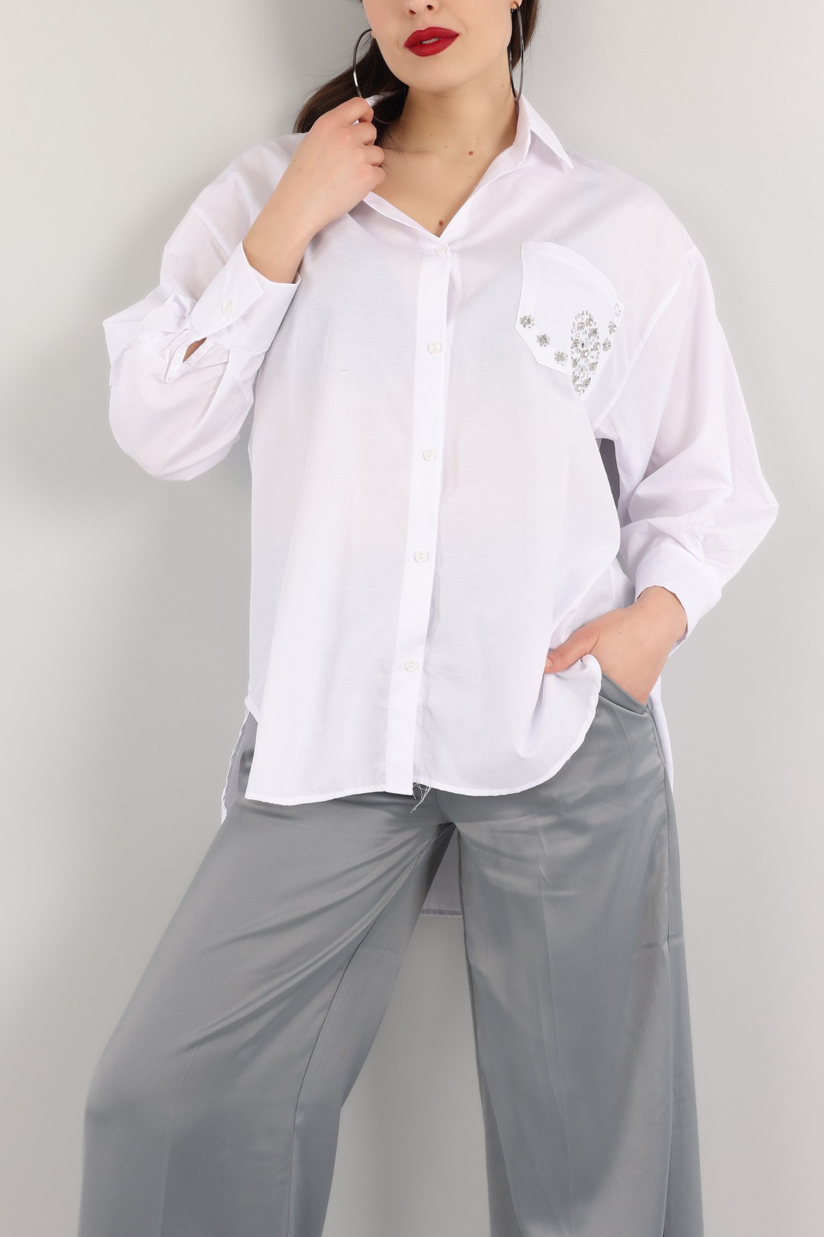 Beyaz Taş İşlemeli Poplin Dokuma Gömlek Tunik 159253