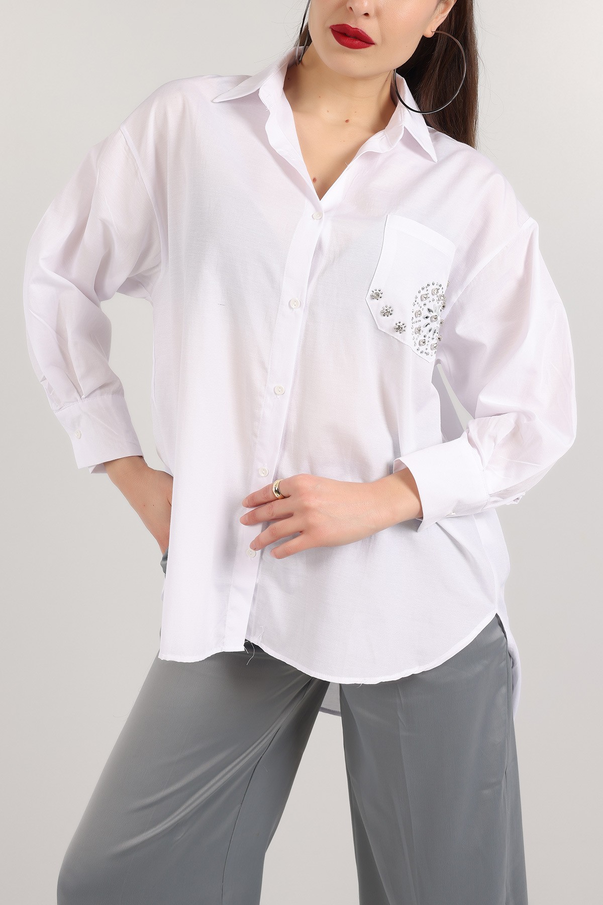 Beyaz Taş İşlemeli Poplin Dokuma Gömlek Tunik 159253