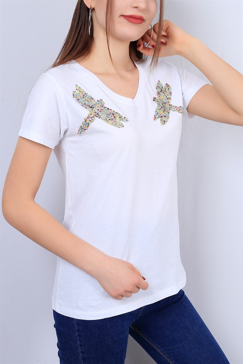Beyaz Taşlı Bayan Tişört 12481B