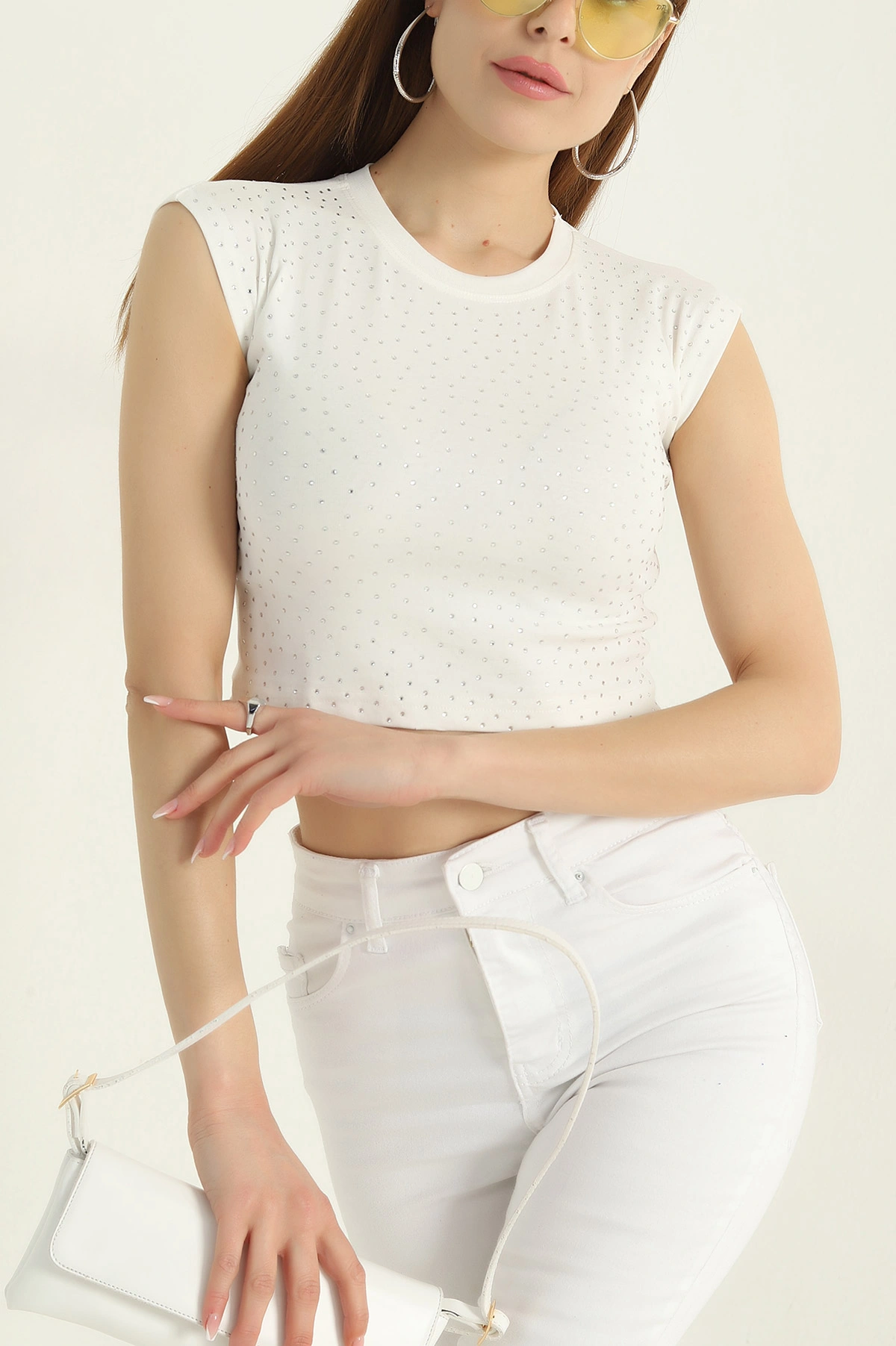 Beyaz Taşlı Bisiklet Yaka Ribana Crop 354480