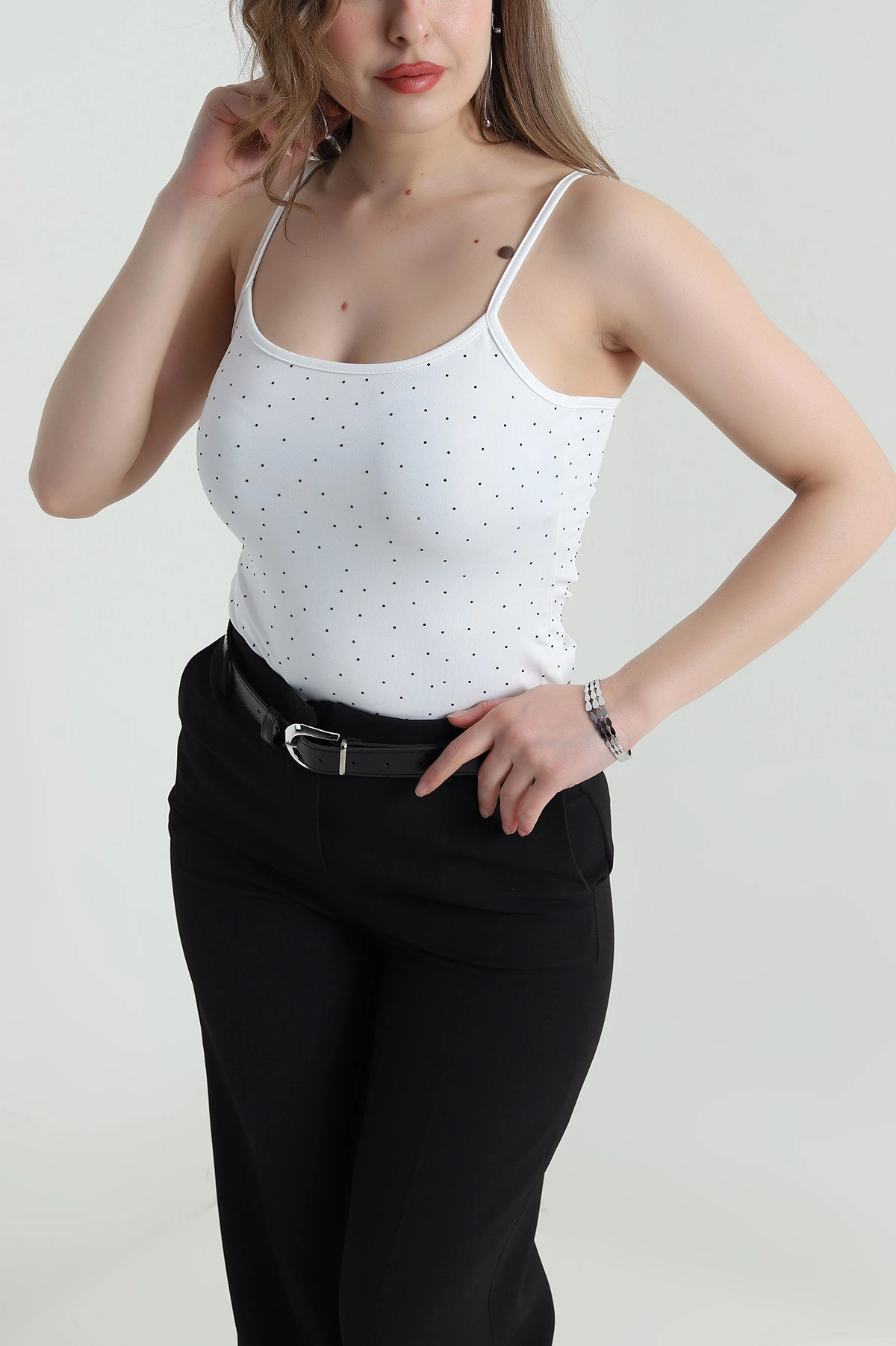 Beyaz Taşlı Likralı Sandy Kadın Zıbın Bluz 458237