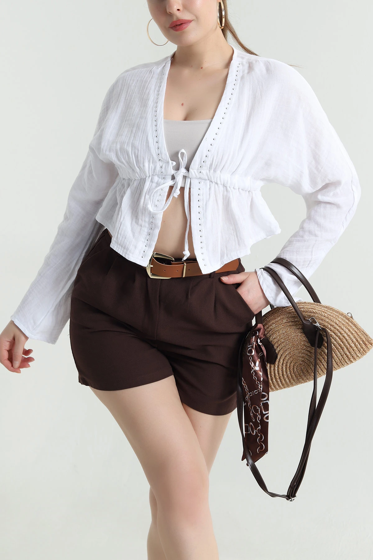 Beyaz Taşlı Müslin Keten Kadın Kimono Bluz 466283