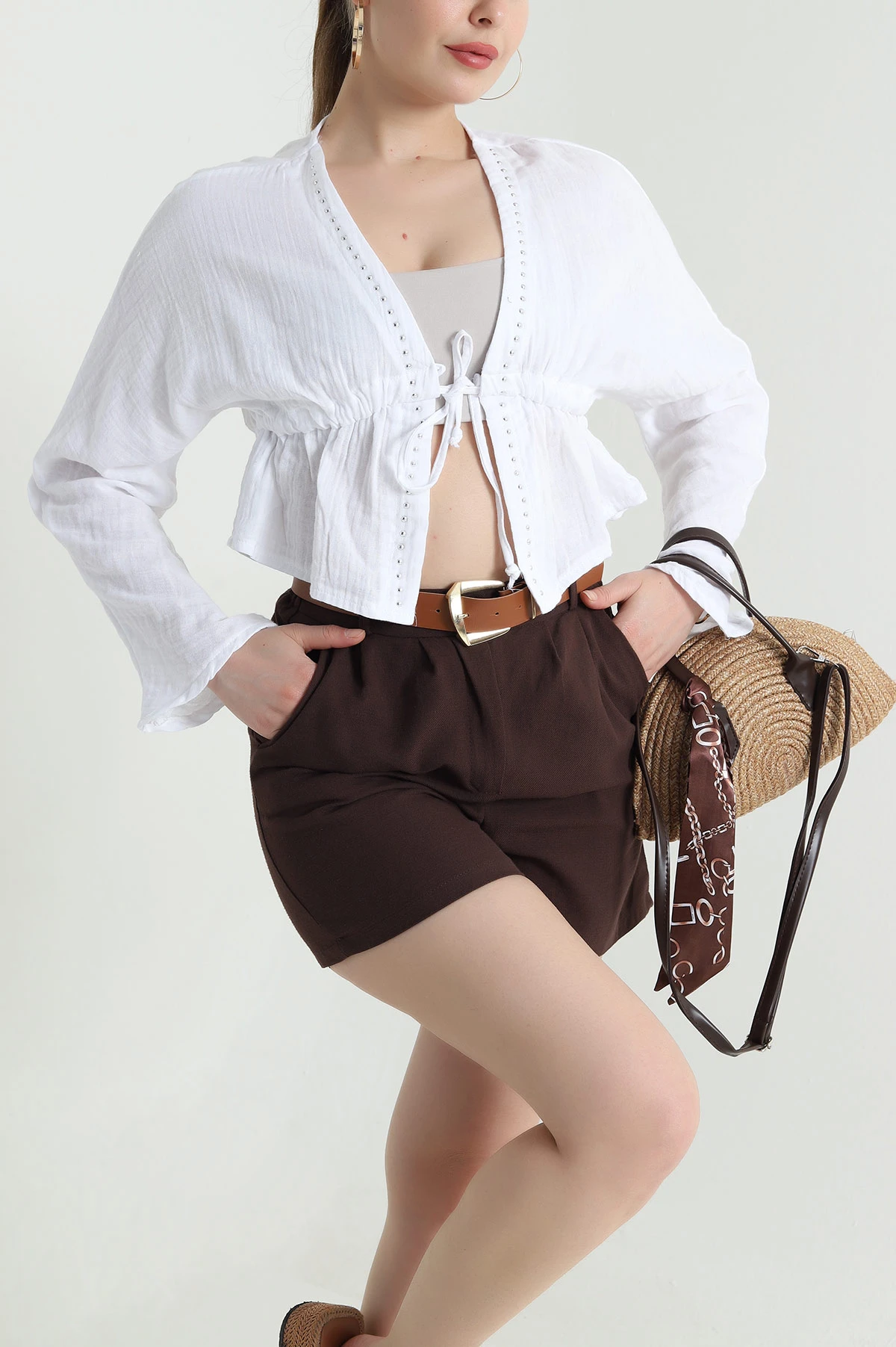 Beyaz Taşlı Müslin Keten Kadın Kimono Bluz 466283