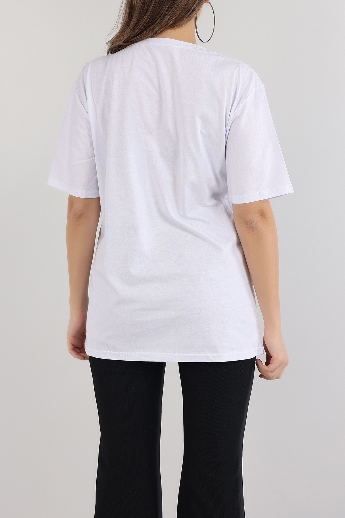 Beyaz Taşlı Oversize Bayan Tişört 163052