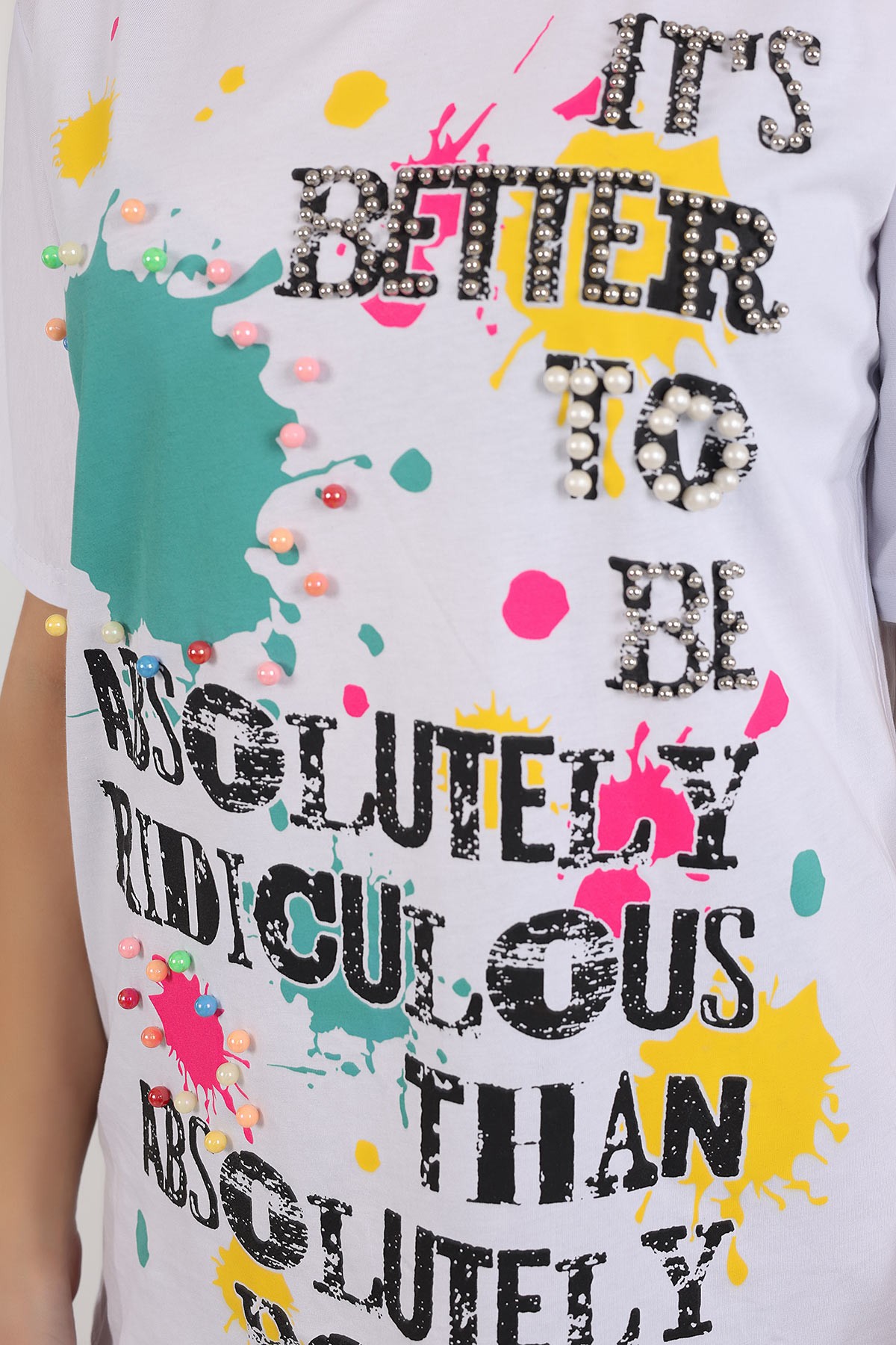 Beyaz Taşlı Oversize Bayan Tişört 163052