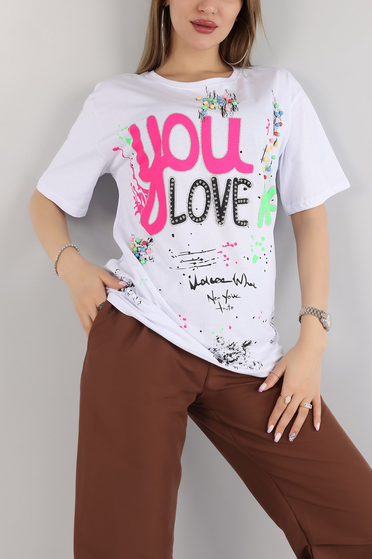 Beyaz Taşlı Oversize Bayan Tişört 163057