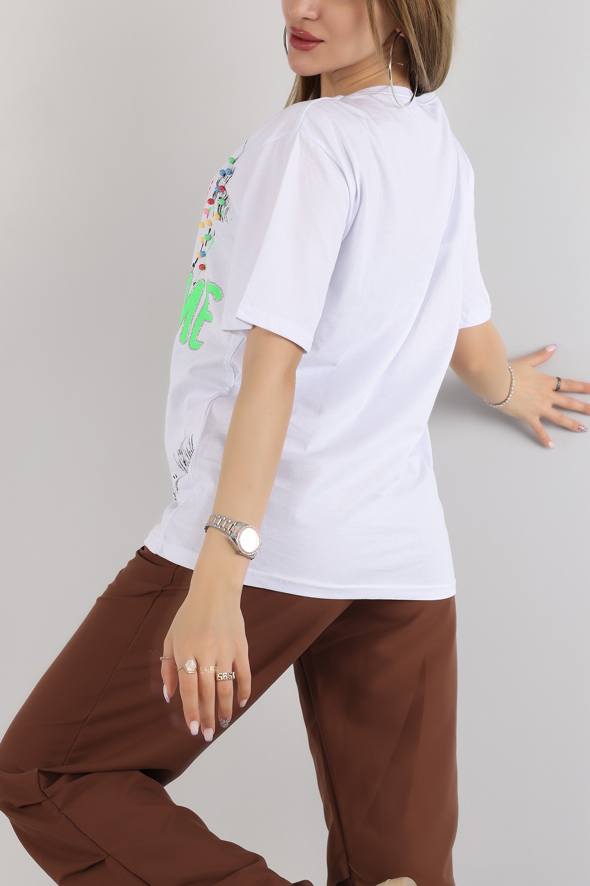 Beyaz Taşlı Oversize Bayan Tişört 163057